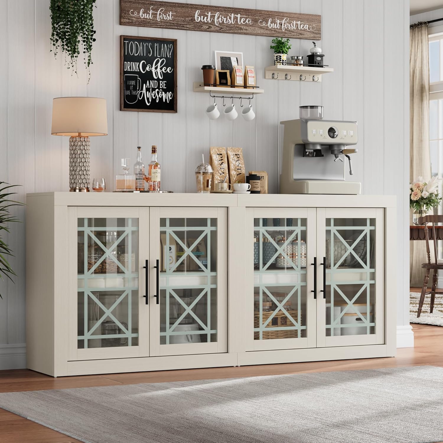 GarveeHome 71" White Buffet Sideboard with Storage, Modern Tall Coffee Bar Cabinet with 4 Glass Doors, Large Kitchen Buffet Table for Dining Room, Living Room, Entryway