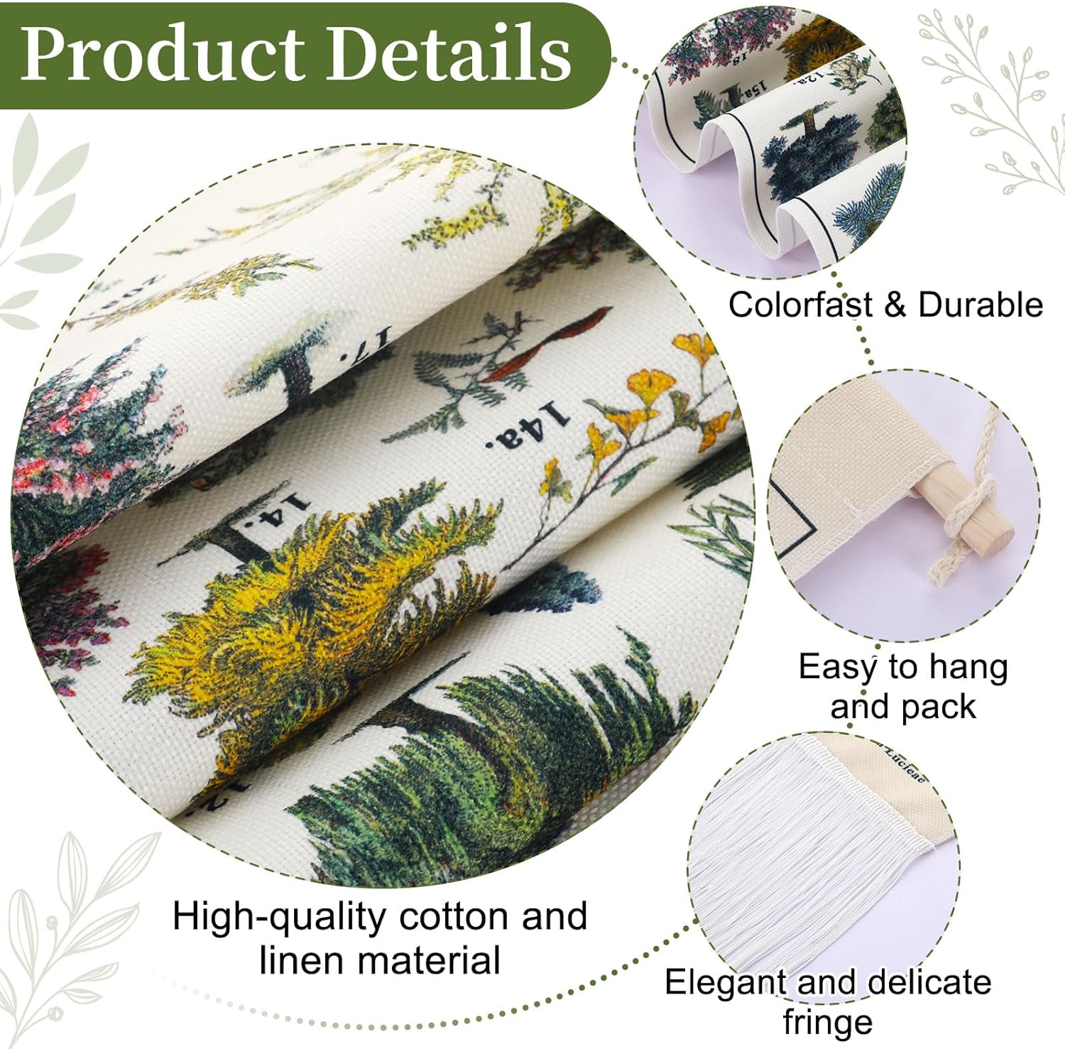 Feifeiya Vintage Plants Vertical Tapestry Wall Hanging Long Narrow Wall Art Fabric Earthy Art Hanging Reference Illustrative Botanical Tassel Tapestry for Plant Lovers