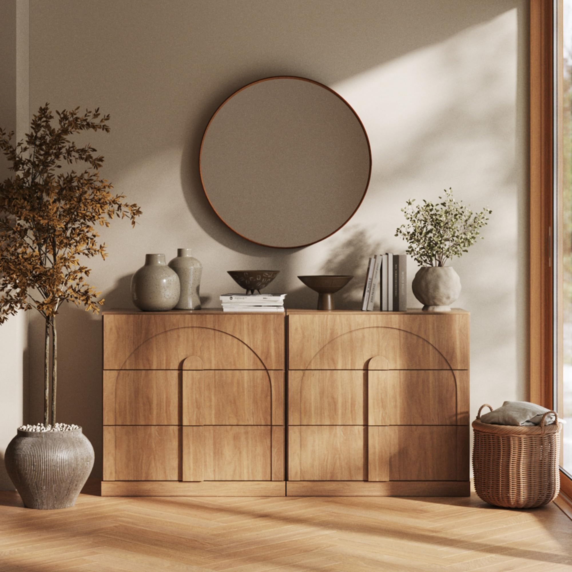 BELLEZE 65" Arched Sideboard with Glass Door, Accent Buffet Cabinet with Storage and Adjustable Shelves, Classic Modern Large Console Table for Dining Room Living Room Entryway (Ebony)