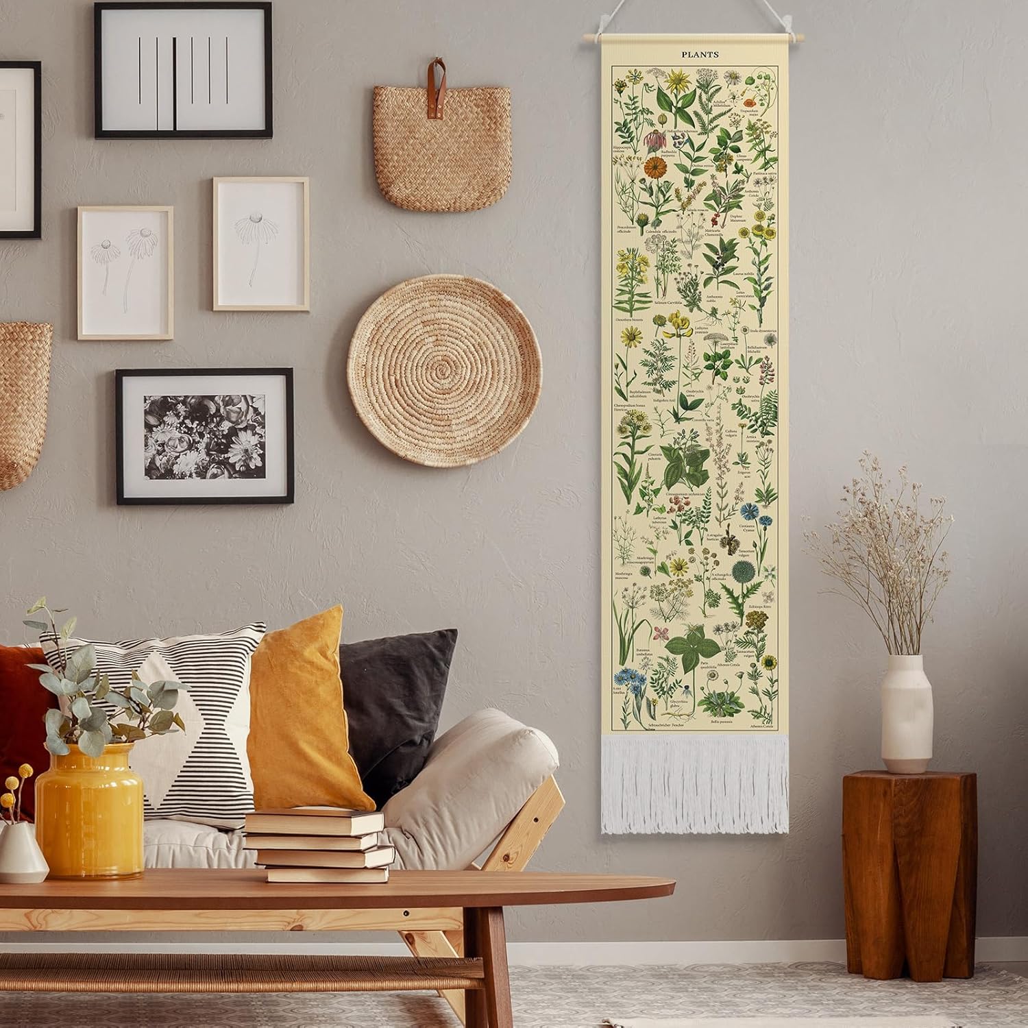 Tegeme Vintage Tapestry 52 x 13 Inch, Long Vertical Wall Hanging Reference Illustrative Botanical Tassel Tapestry for Bedroom Living Room Home Decoration(Plants)
