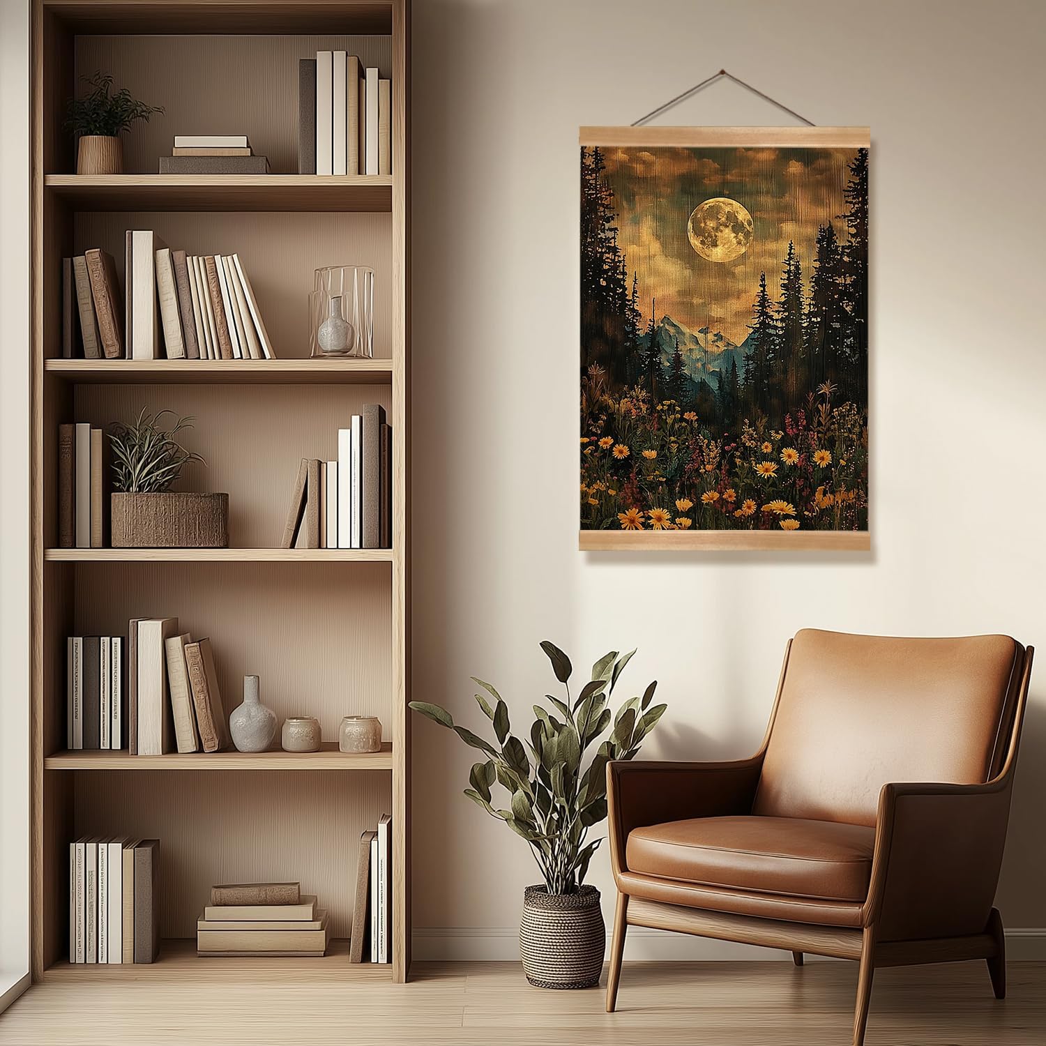 ZTGDA Vintage Moon Forest Wall Art,Full Moon Mountain Landscape Poster, Wildflower and Pine Tree Nature Canvas Wall Decor for Living Room, Bedroom,or Cabin 12x16inch(Retro color-Moon02)
