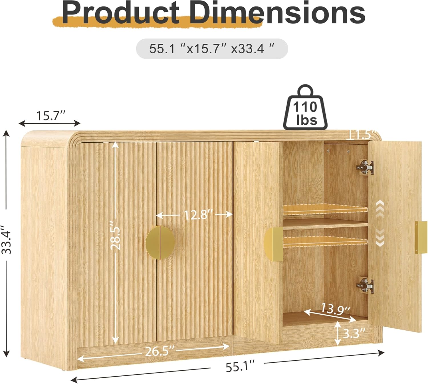 Decofy 55" Sideboard Buffet Cabinet, Mid Century Modern Console Cabinet with Wavy Grain Doors & Adjustable Shelves for Kitchen Buffet Cabinet, Living Room, Entryway, Coffee Bar Cabinet (Natural Oak)