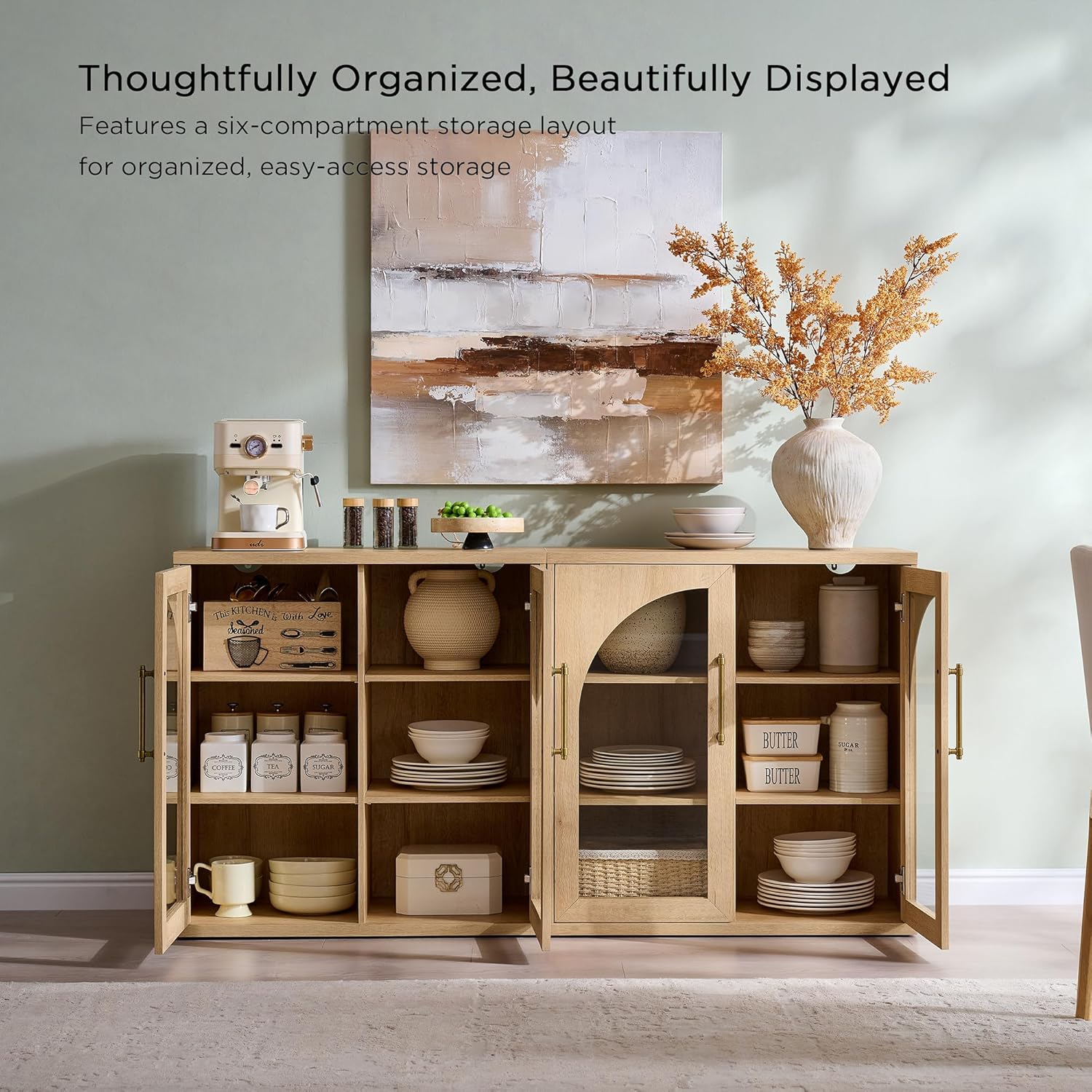 ACCOHOHO Glass Arched Door Sideboard Buffet Cabinet Set of 2, Accent Cabinet with Adjustable Shelf, Wood Modular Credenza Storage Cabinet for Dining Room, Living Room, Entryway, Natural Oak