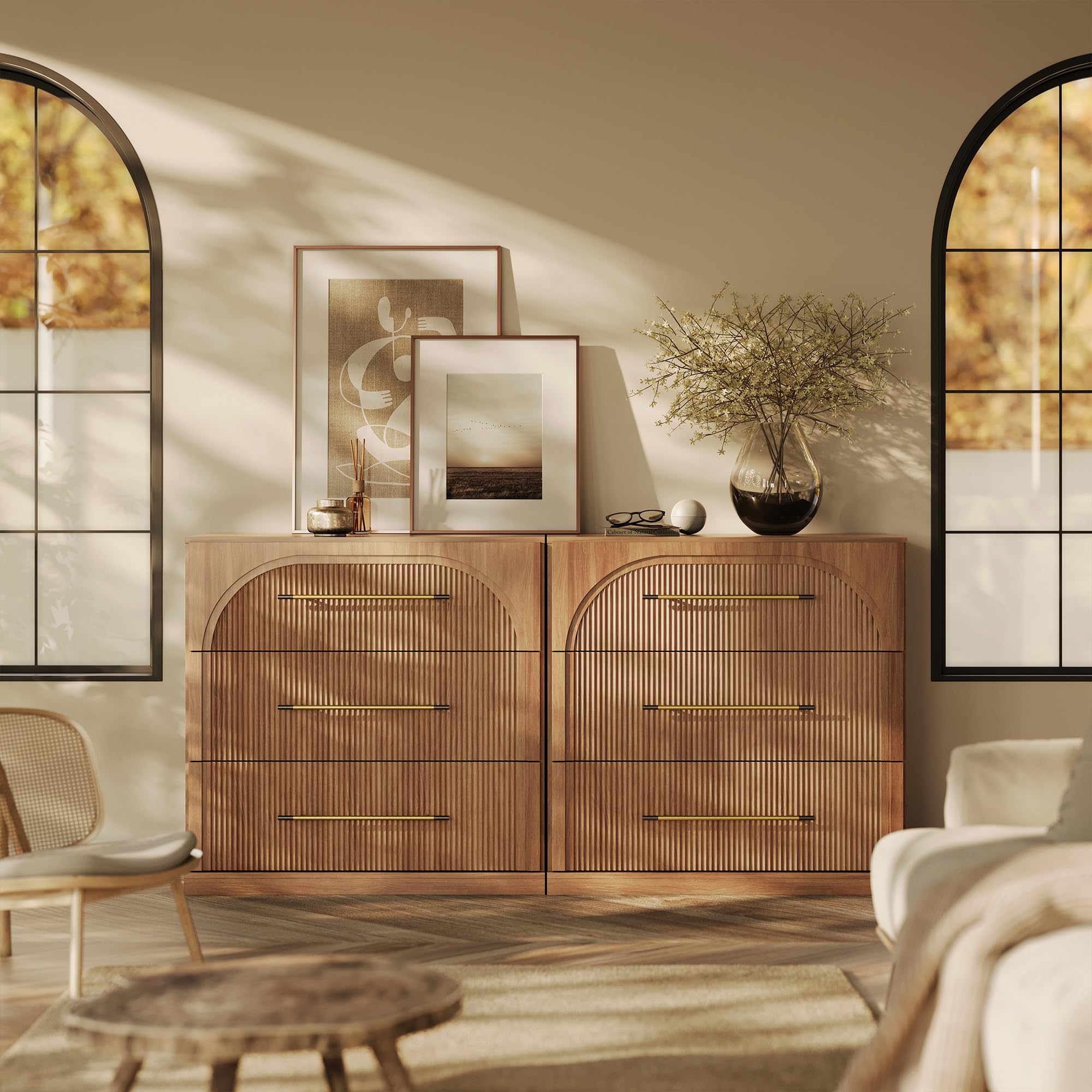 BELLEZE 65" Arched Sideboard with Glass Door, Accent Buffet Cabinet with Storage and Adjustable Shelves, Classic Modern Large Console Table for Dining Room Living Room Entryway (Ebony)