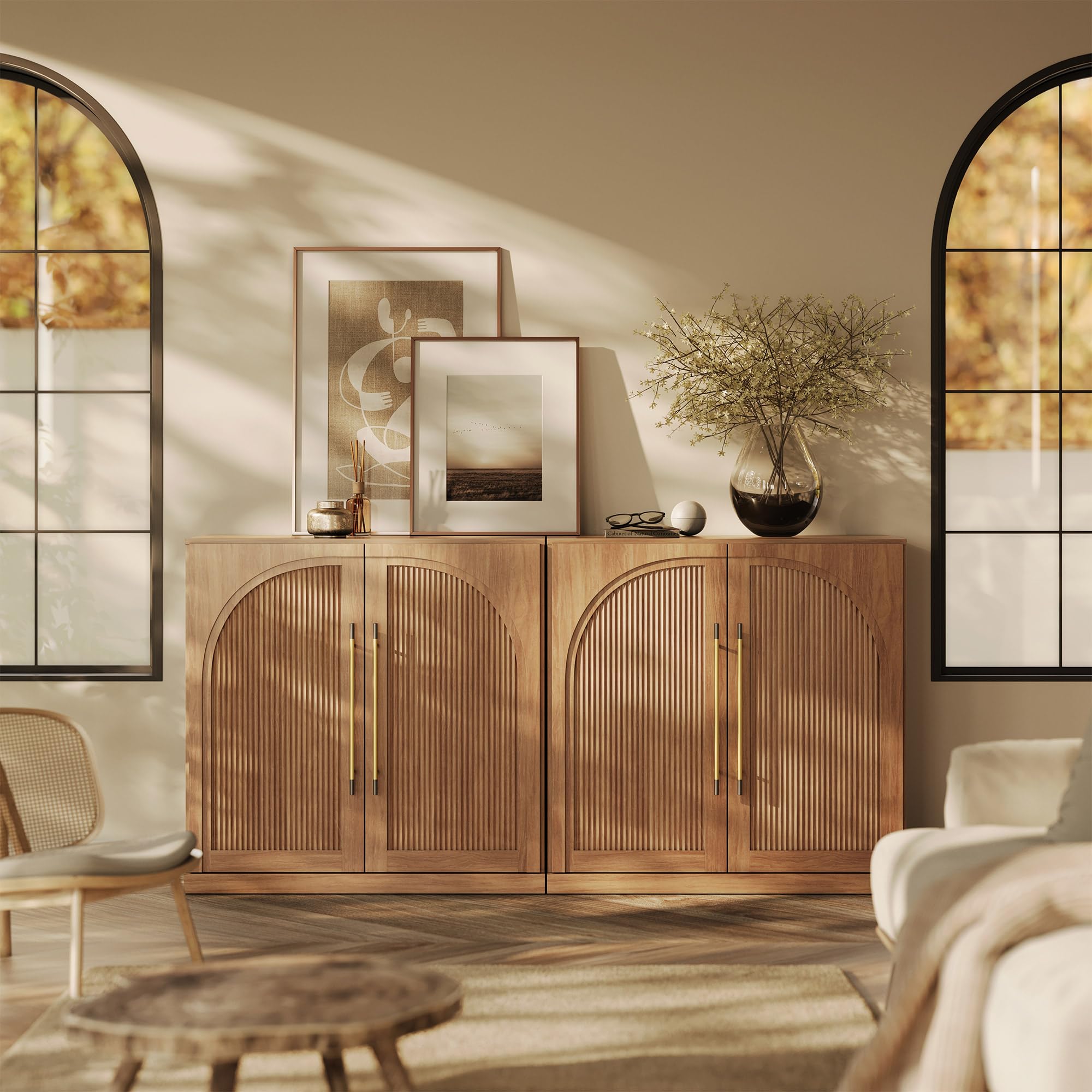 BELLEZE 65" Arched Sideboard with Glass Door, Accent Buffet Cabinet with Storage and Adjustable Shelves, Classic Modern Large Console Table for Dining Room Living Room Entryway (Ebony)