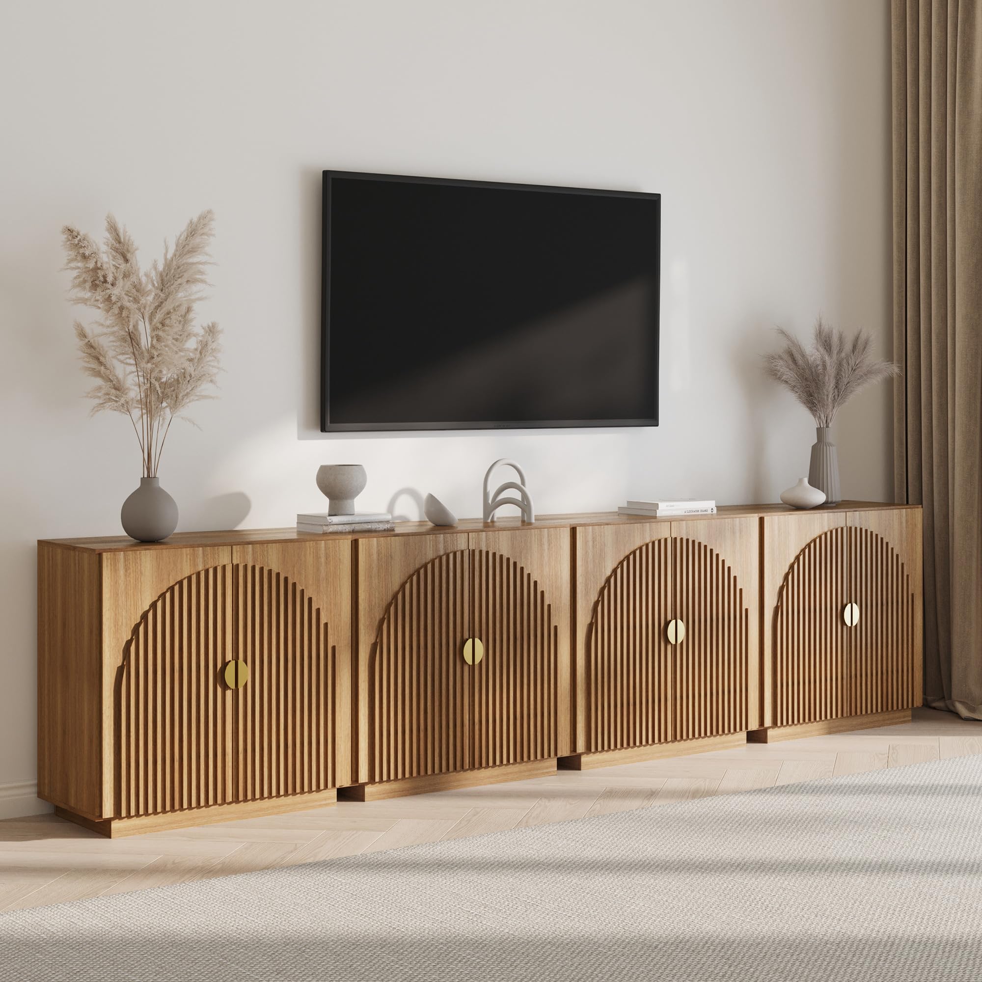 BELLEZE 65" Arched Sideboard with Glass Door, Accent Buffet Cabinet with Storage and Adjustable Shelves, Classic Modern Large Console Table for Dining Room Living Room Entryway (Ebony)