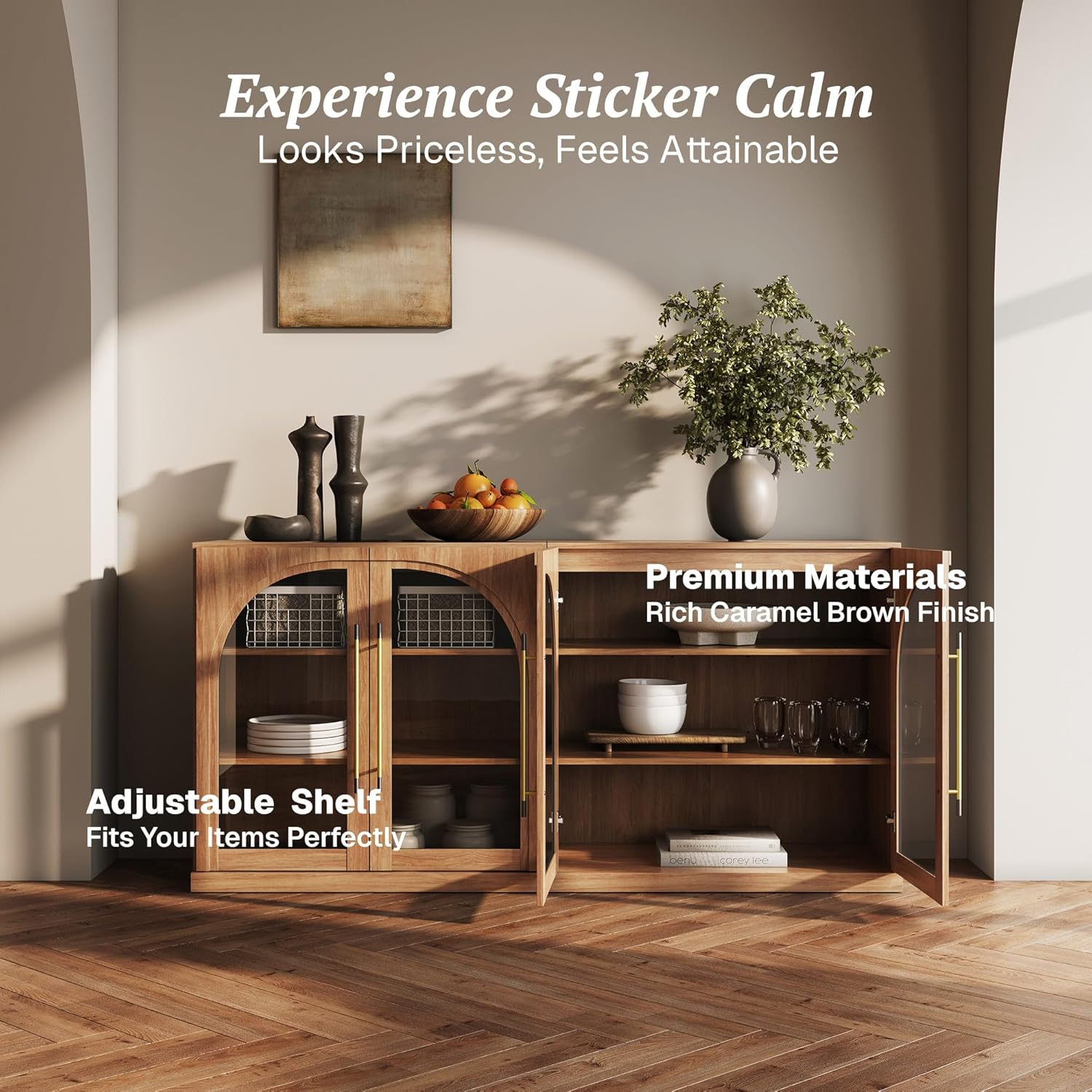 BELLEZE 65" Arched Sideboard with Glass Door, Accent Buffet Cabinet with Storage and Adjustable Shelves, Classic Modern Large Console Table for Dining Room Living Room Entryway (Camel)