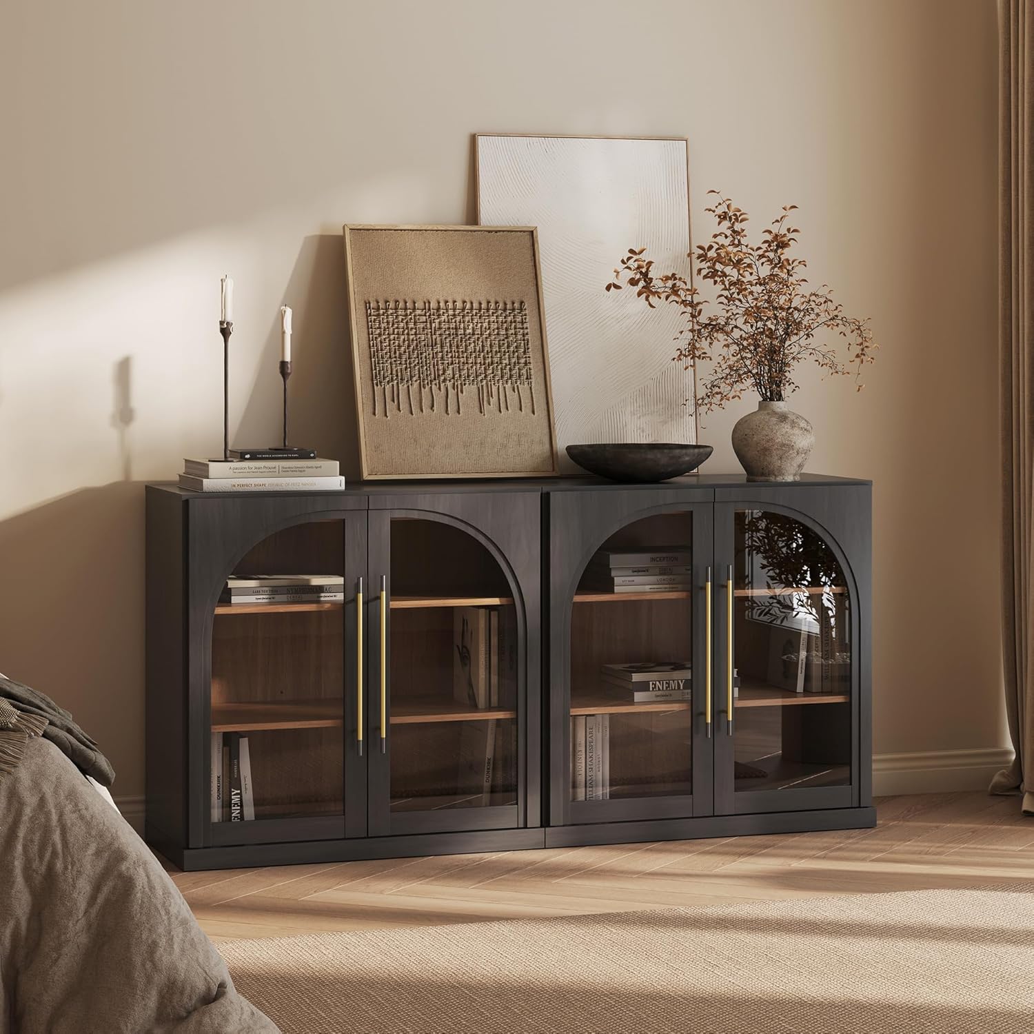 BELLEZE 65" Arched Sideboard with Glass Door, Accent Buffet Cabinet with Storage and Adjustable Shelves, Classic Modern Large Console Table for Dining Room Living Room Entryway (Ebony)