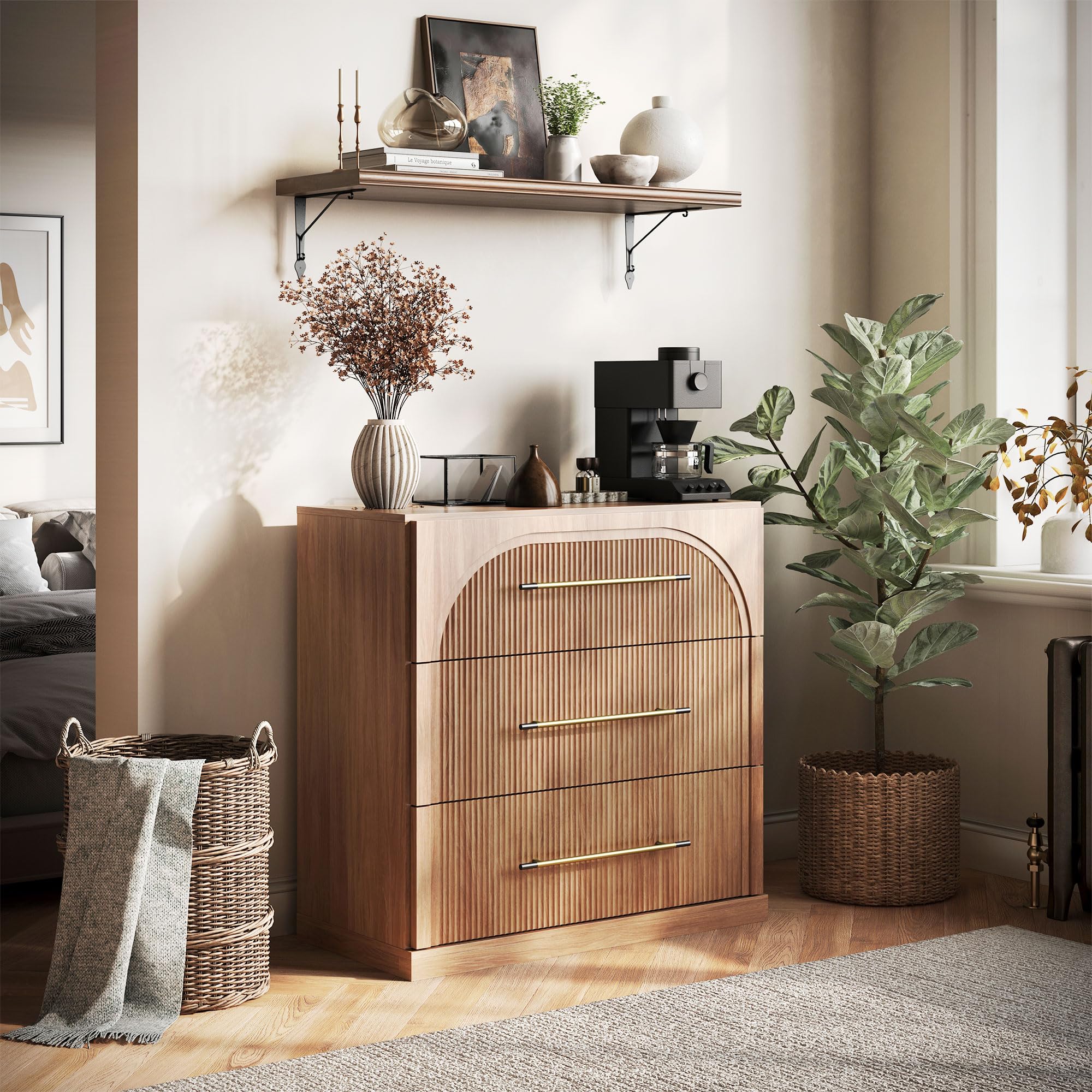 BELLEZE 65" Arched Sideboard with Glass Door, Accent Buffet Cabinet with Storage and Adjustable Shelves, Classic Modern Large Console Table for Dining Room Living Room Entryway (Camel)