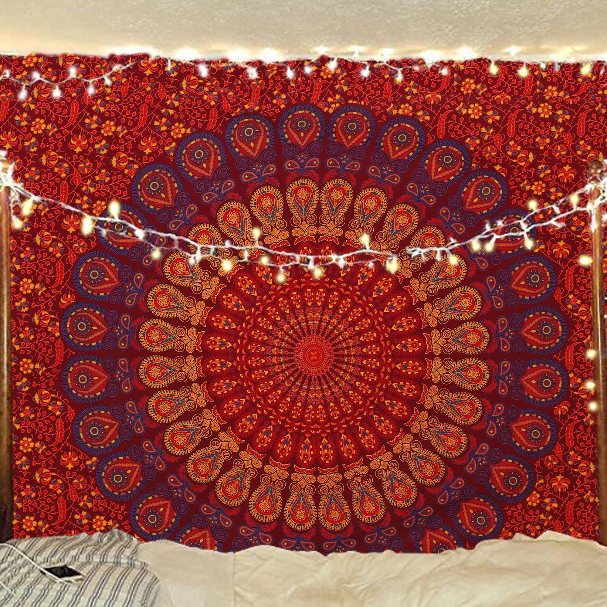 Bless International Handmade Indian hippie Bohemian Psychedelic Peacock Mandala Wall hanging College Dorm Beach Throws Table Cloth Bedding Tapestry (Blue Green, Queen(84x90Inches)(215x230Cms))