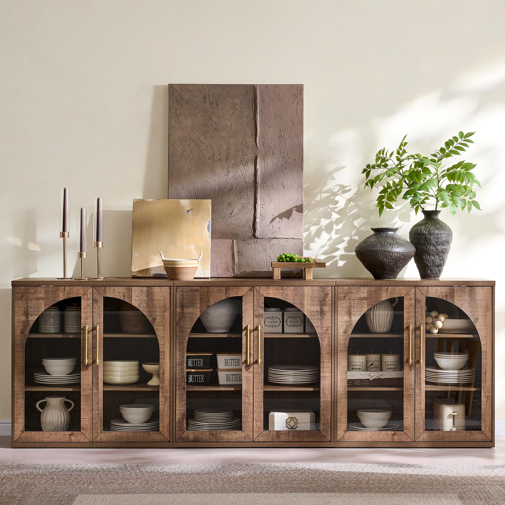 ACCOHOHO Glass Arched Door Sideboard Buffet Cabinet Set of 2, Accent Cabinet with Adjustable Shelf, Wood Modular Credenza Storage Cabinet for Dining Room, Living Room, Entryway, Natural Oak