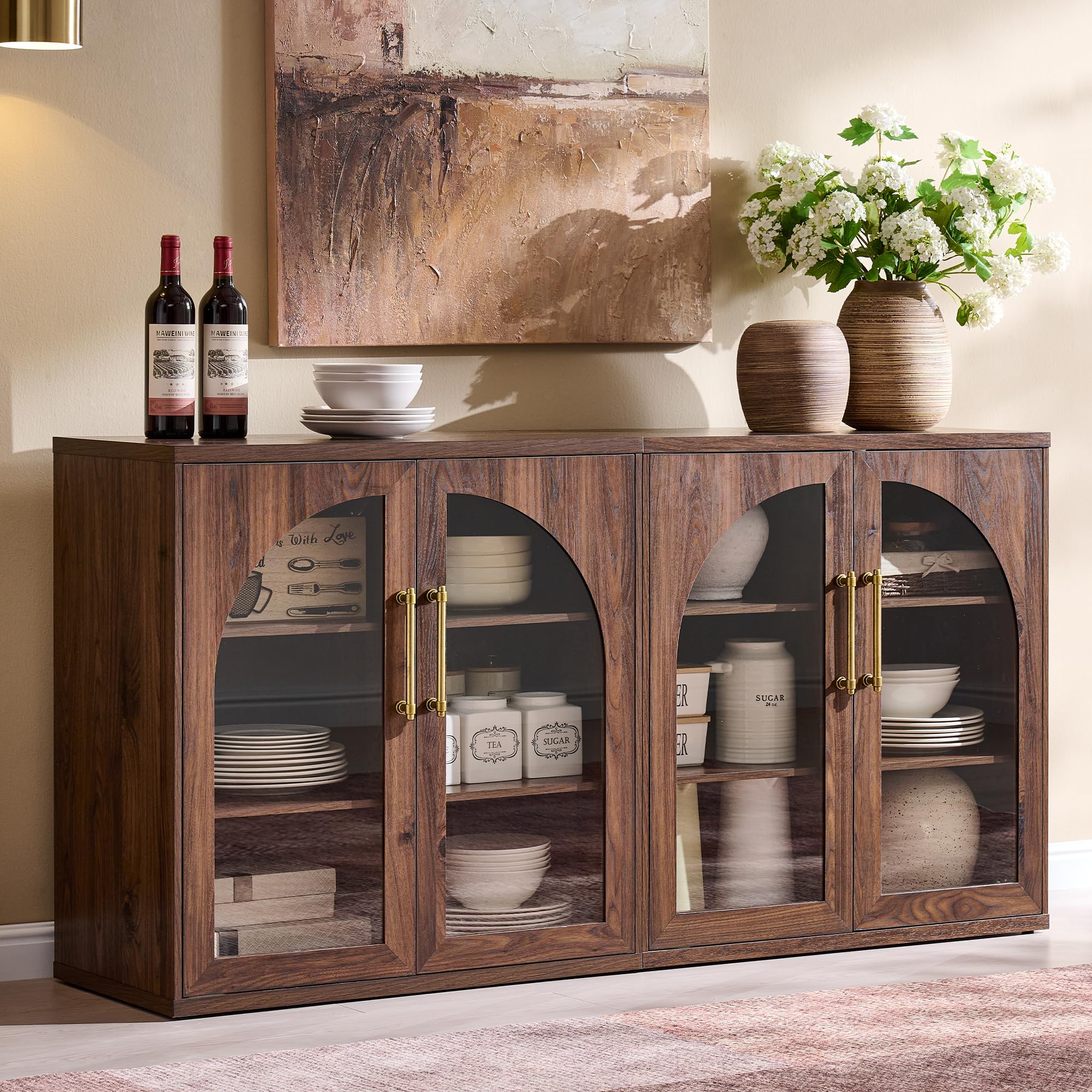 ACCOHOHO Glass Arched Door Sideboard Buffet Cabinet Set of 2, Accent Cabinet with Adjustable Shelf, Wood Modular Credenza Storage Cabinet for Dining Room, Living Room, Entryway, Natural Oak