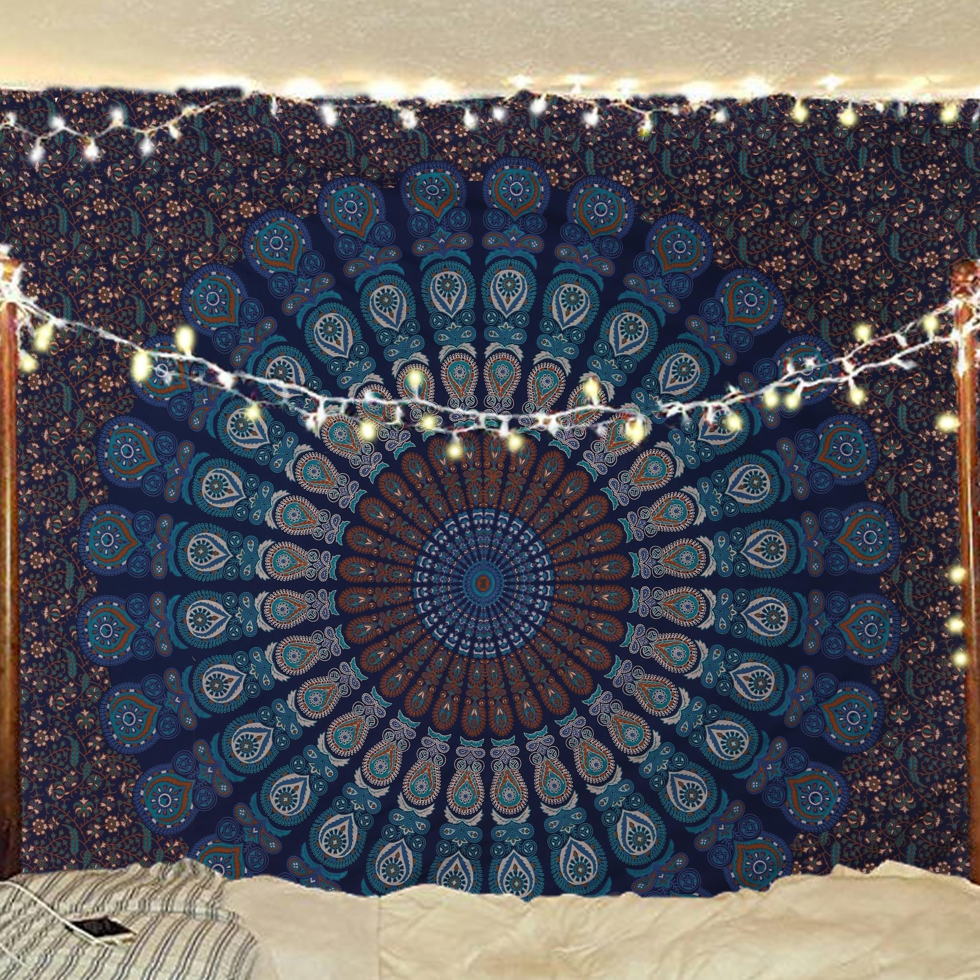 Bless International Handmade Indian hippie Bohemian Psychedelic Peacock Mandala Wall hanging College Dorm Beach Throws Table Cloth Bedding Tapestry (Blue Green, Queen(84x90Inches)(215x230Cms))