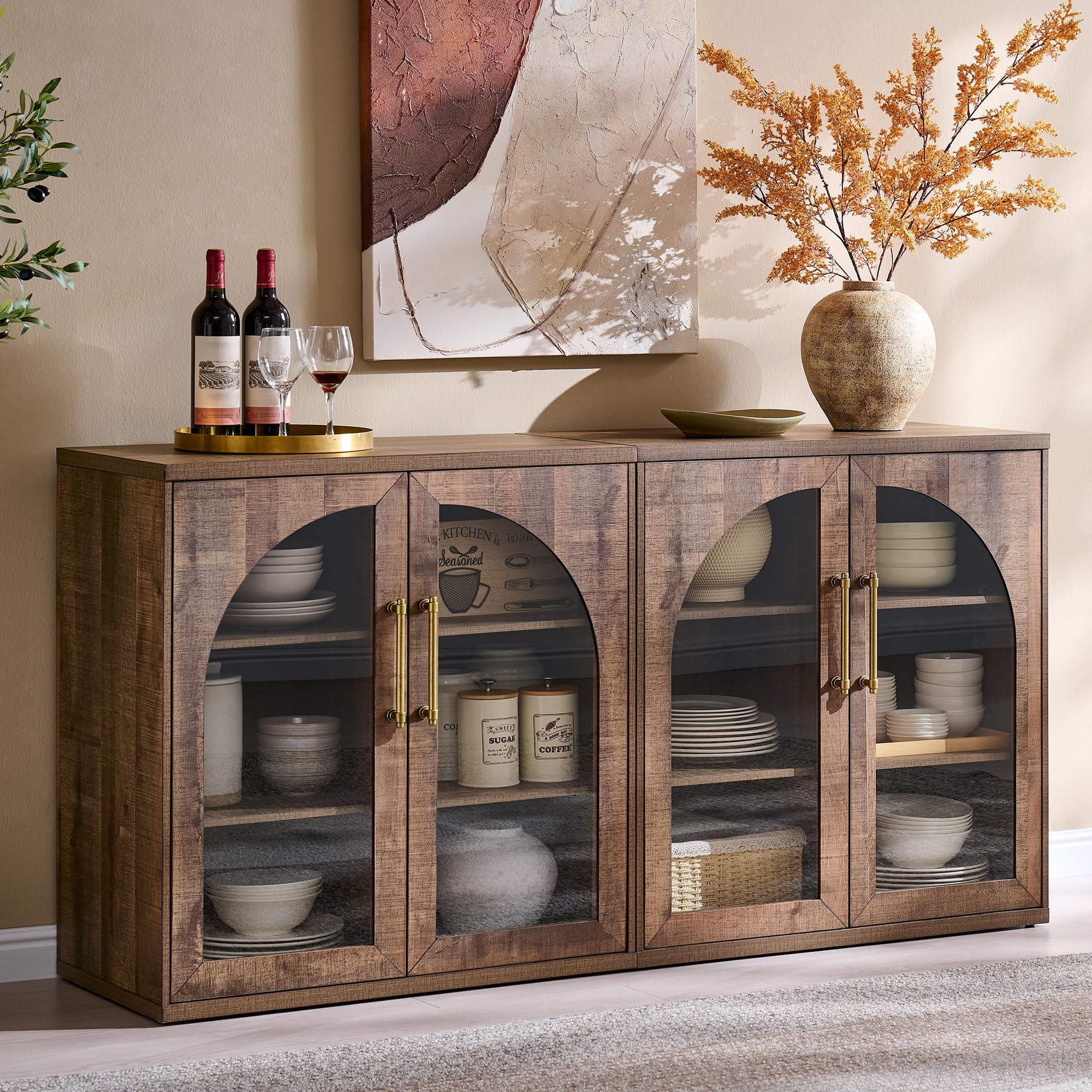 ACCOHOHO Glass Arched Door Sideboard Buffet Cabinet Set of 2, Accent Cabinet with Adjustable Shelf, Wood Modular Credenza Storage Cabinet for Dining Room, Living Room, Entryway, Natural Oak