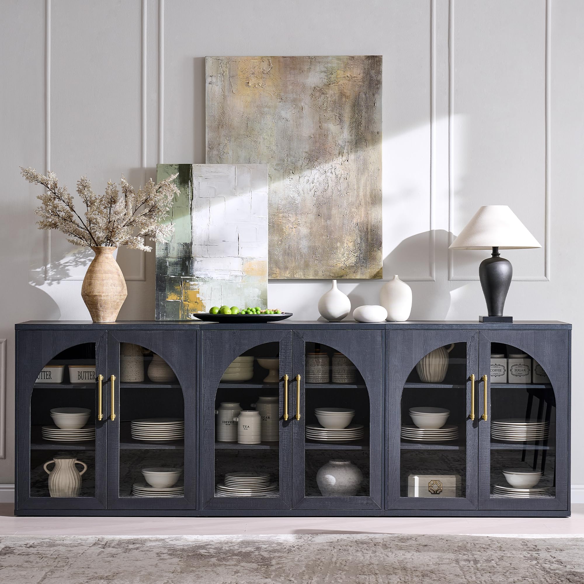 ACCOHOHO Glass Arched Door Sideboard Buffet Cabinet Set of 2, Accent Cabinet with Adjustable Shelf, Wood Modular Credenza Storage Cabinet for Dining Room, Living Room, Entryway, Natural Oak