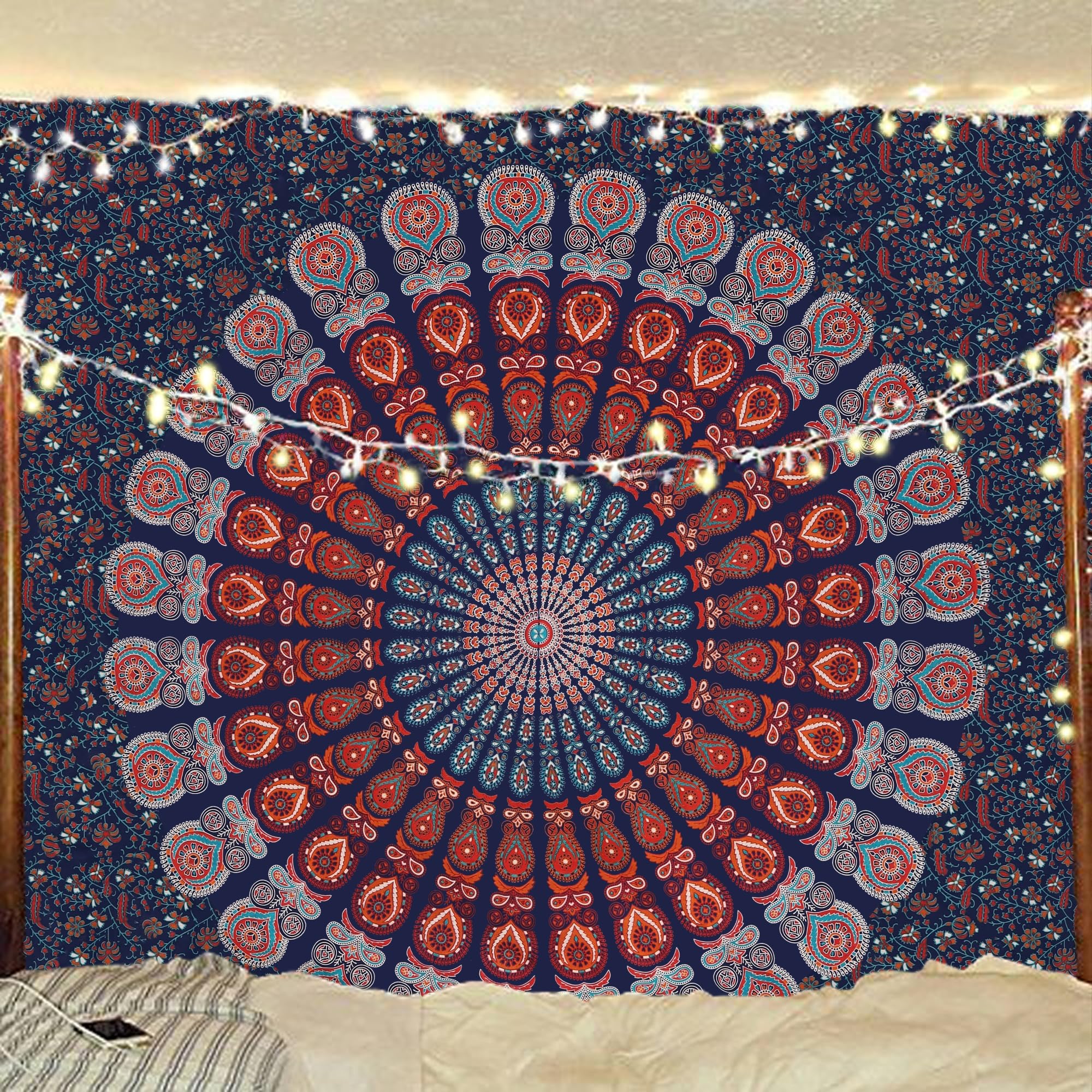 Bless International Handmade Indian hippie Bohemian Psychedelic Peacock Mandala Wall hanging College Dorm Beach Throws Table Cloth Bedding Tapestry (Blue Green, Queen(84x90Inches)(215x230Cms))