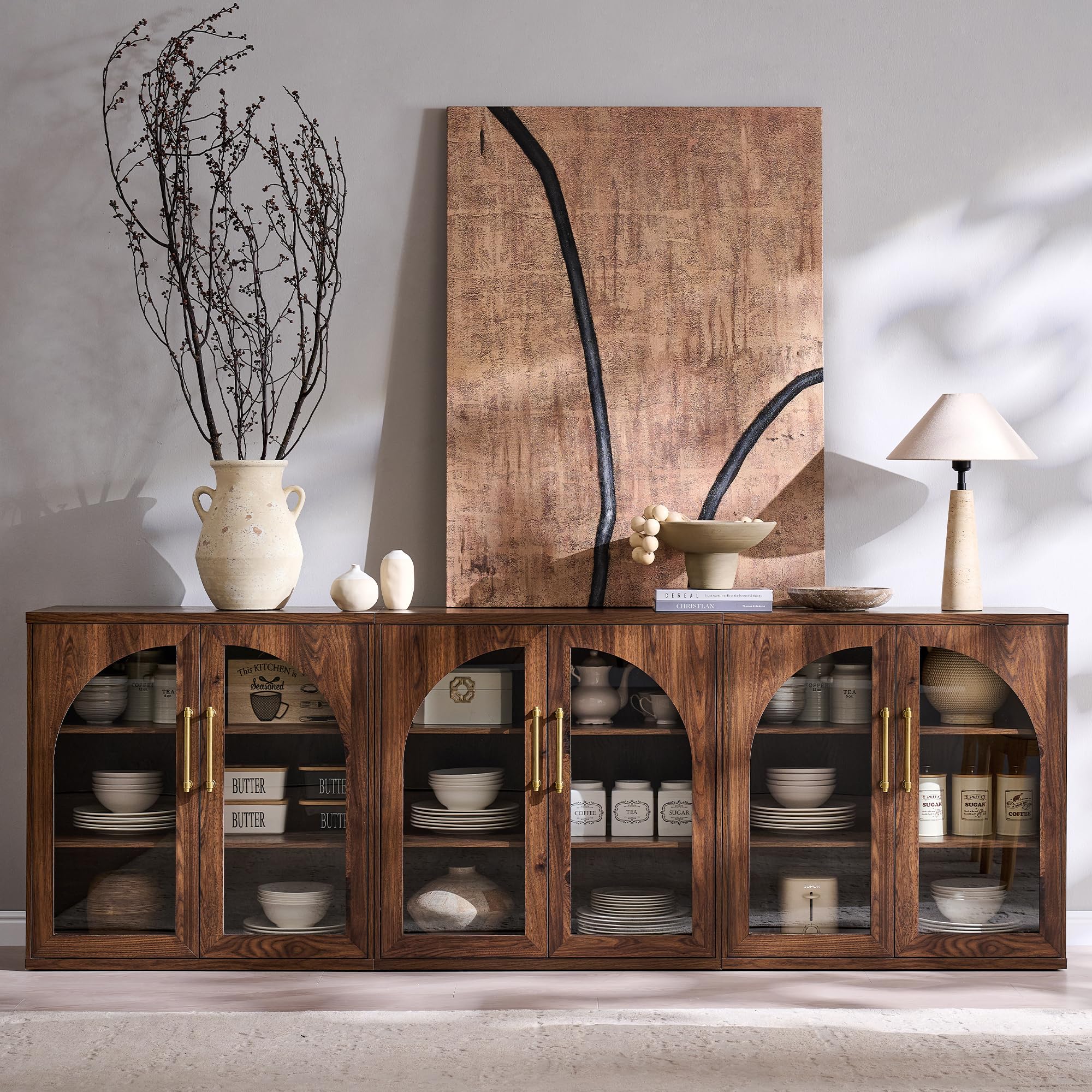 ACCOHOHO Glass Arched Door Sideboard Buffet Cabinet Set of 2, Accent Cabinet with Adjustable Shelf, Wood Modular Credenza Storage Cabinet for Dining Room, Living Room, Entryway, Natural Oak