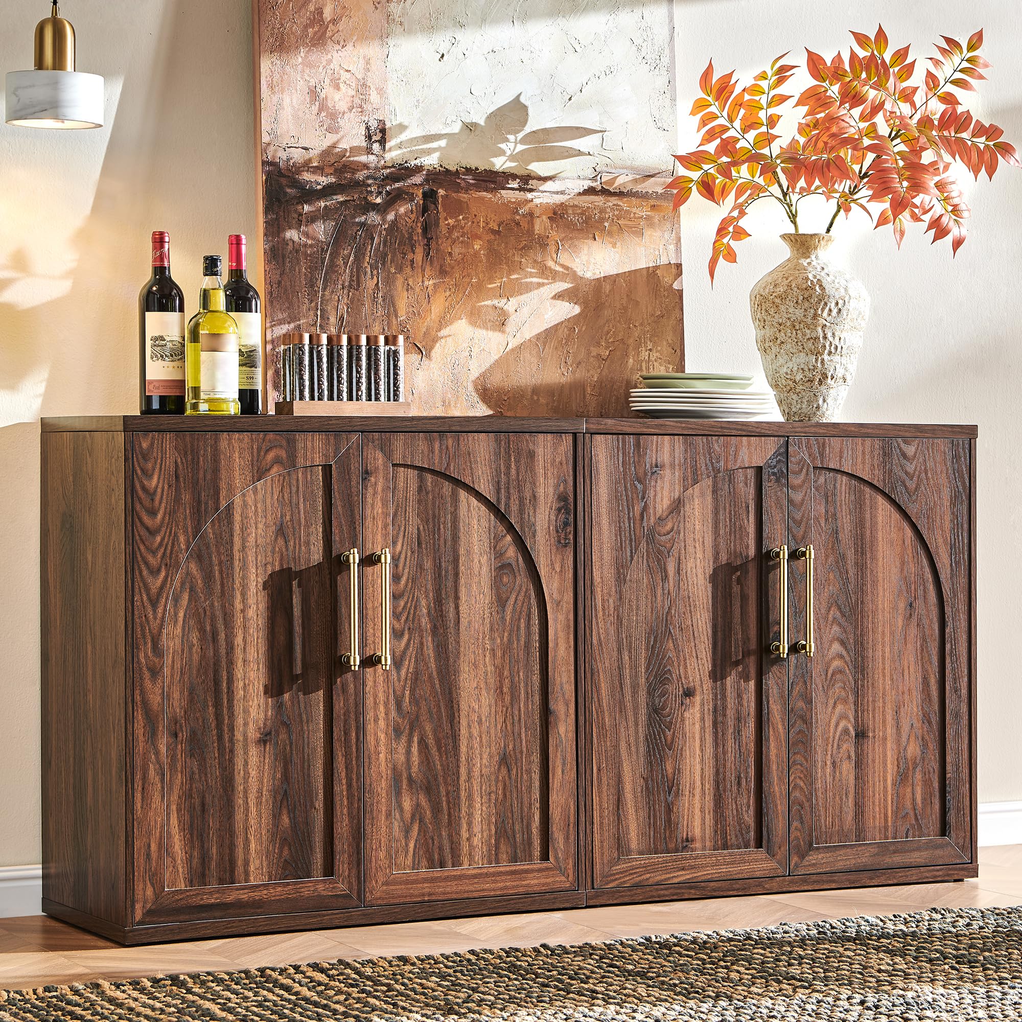 ACCOHOHO Glass Arched Door Sideboard Buffet Cabinet Set of 2, Accent Cabinet with Adjustable Shelf, Wood Modular Credenza Storage Cabinet for Dining Room, Living Room, Entryway, Natural Oak