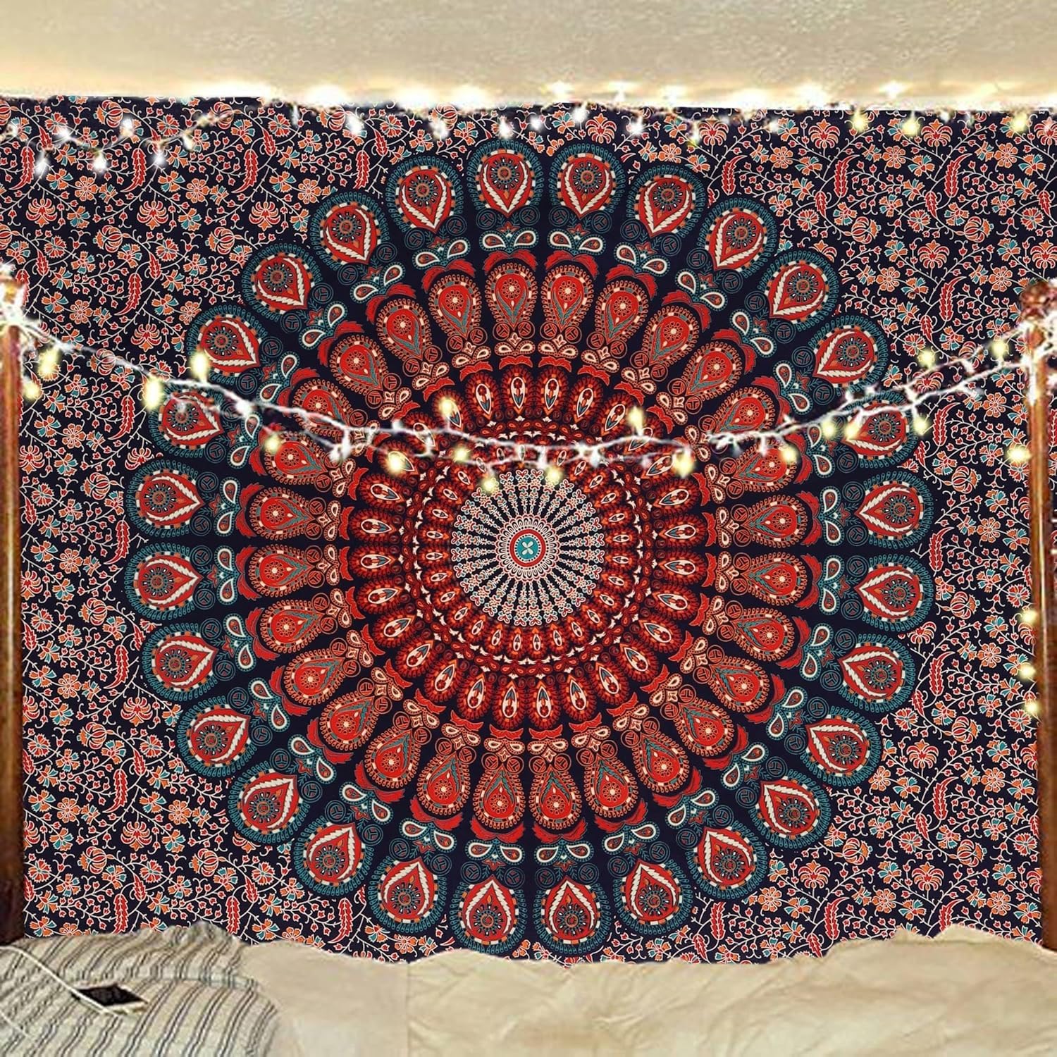 Bless International Handmade Indian hippie Bohemian Psychedelic Peacock Mandala Wall hanging College Dorm Beach Throws Table Cloth Bedding Tapestry (Blue Green, Queen(84x90Inches)(215x230Cms))