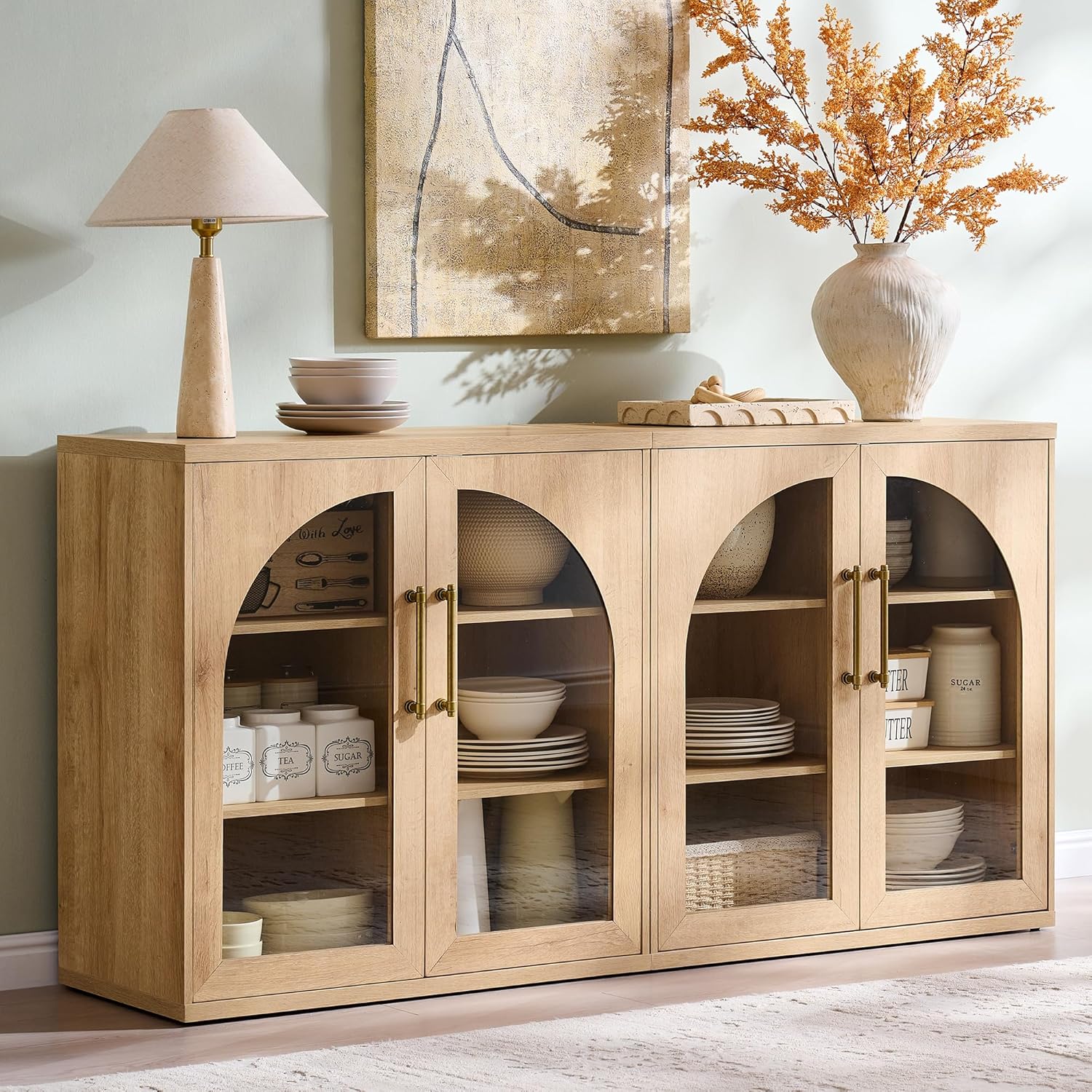 ACCOHOHO Glass Arched Door Sideboard Buffet Cabinet Set of 2, Accent Cabinet with Adjustable Shelf, Wood Modular Credenza Storage Cabinet for Dining Room, Living Room, Entryway, Natural Oak