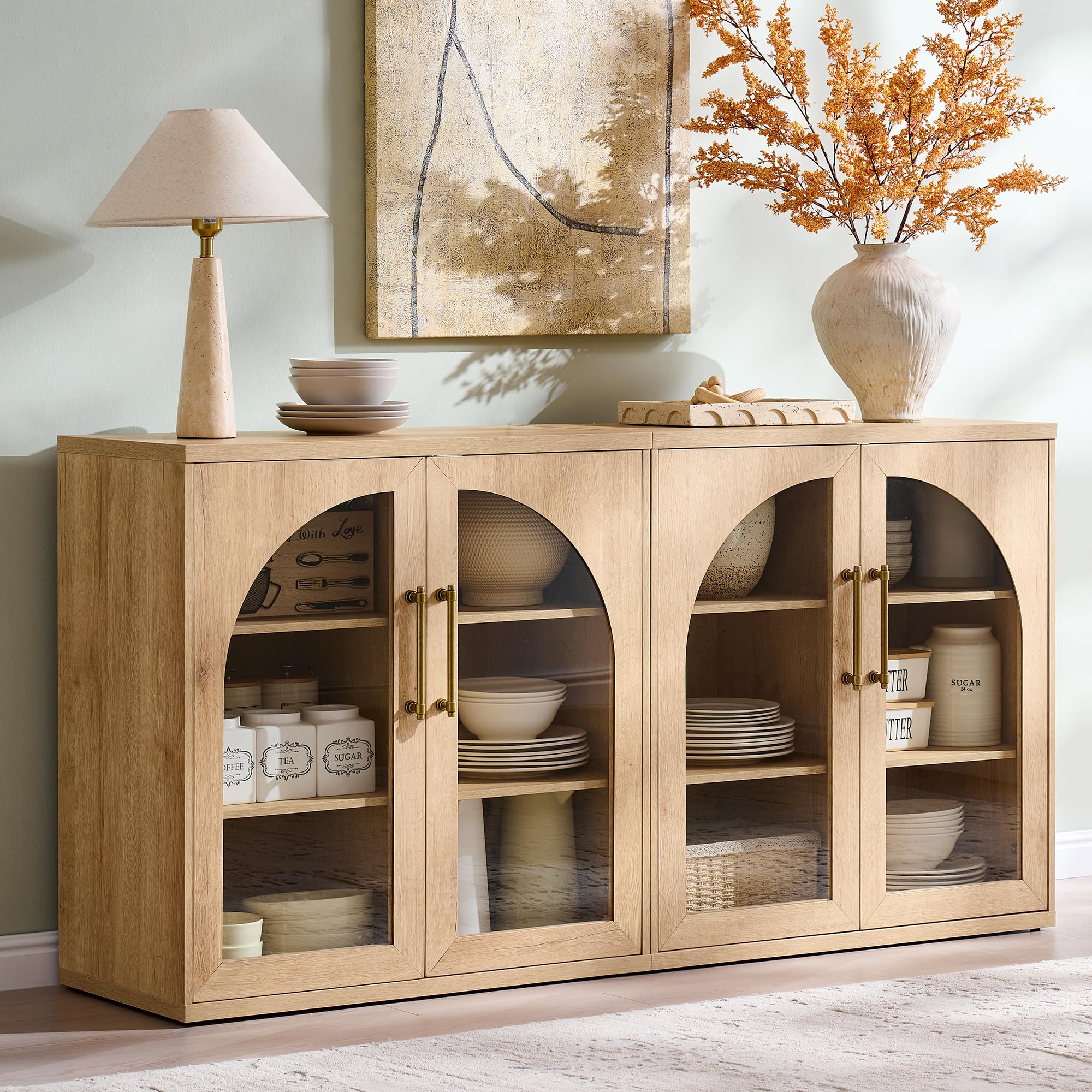 ACCOHOHO Glass Arched Door Sideboard Buffet Cabinet Set of 2, Accent Cabinet with Adjustable Shelf, Wood Modular Credenza Storage Cabinet for Dining Room, Living Room, Entryway, Natural Oak