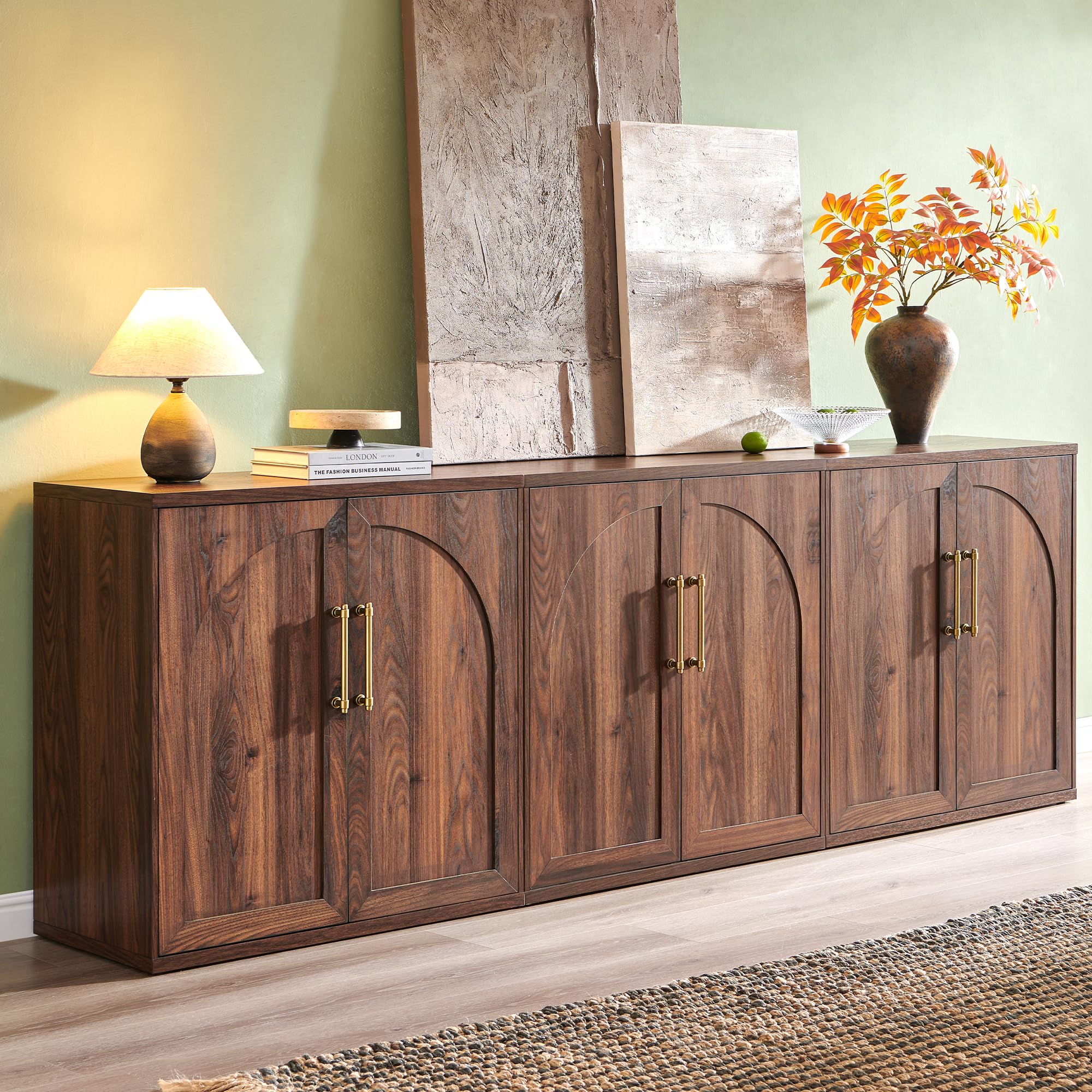 ACCOHOHO Glass Arched Door Sideboard Buffet Cabinet Set of 2, Accent Cabinet with Adjustable Shelf, Wood Modular Credenza Storage Cabinet for Dining Room, Living Room, Entryway, Natural Oak