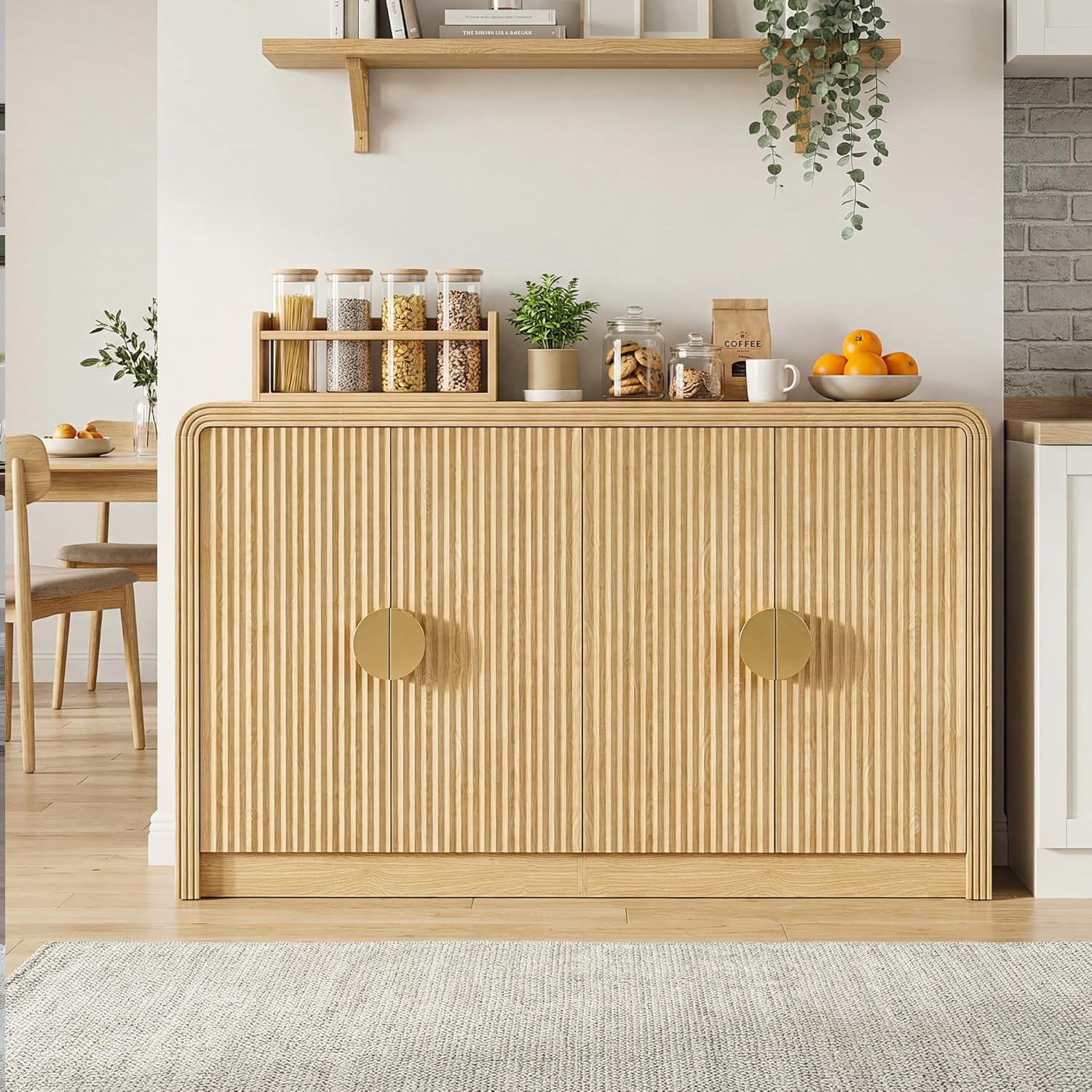 Decofy 55" Sideboard Buffet Cabinet, Mid Century Modern Console Cabinet with Wavy Grain Doors & Adjustable Shelves for Kitchen Buffet Cabinet, Living Room, Entryway, Coffee Bar Cabinet (Natural Oak)