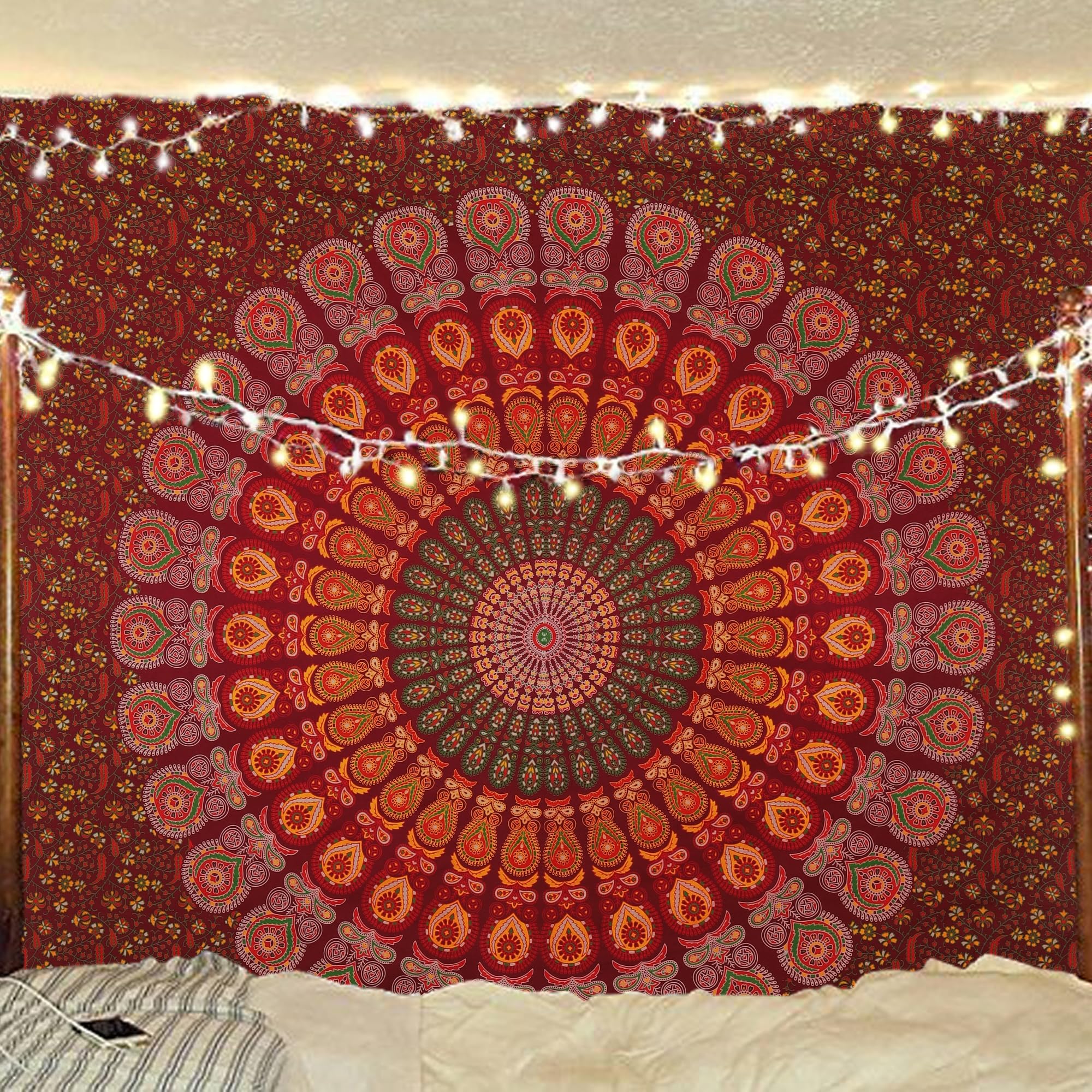 Bless International Handmade Indian hippie Bohemian Psychedelic Peacock Mandala Wall hanging College Dorm Beach Throws Table Cloth Bedding Tapestry (Blue Green, Queen(84x90Inches)(215x230Cms))