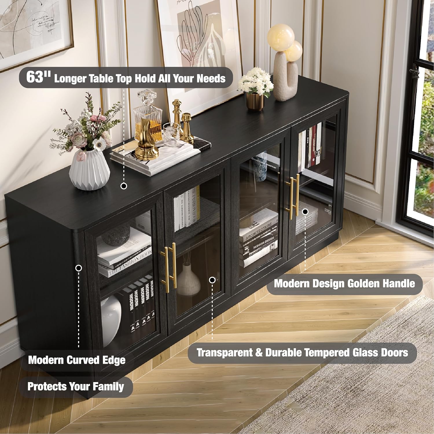 NEWOWNDS Buffet Cabinet with Storage,63" Large Dining Room Furniture Sideboard Buffet Table with 4 Glass Doors, Glass Display Cabinet,for Kitchen,Modern, Black