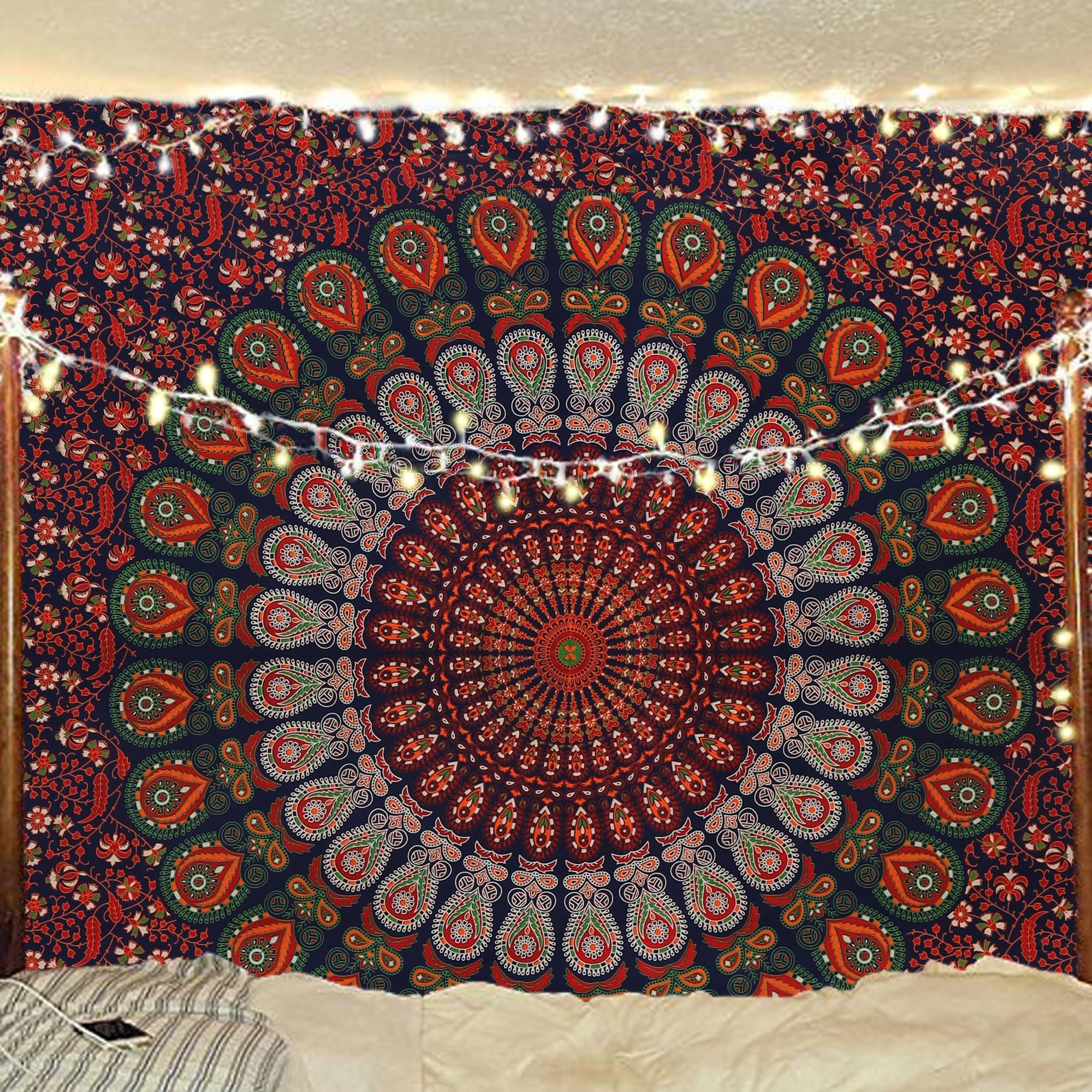 Bless International Handmade Indian hippie Bohemian Psychedelic Peacock Mandala Wall hanging College Dorm Beach Throws Table Cloth Bedding Tapestry (Blue Green, Queen(84x90Inches)(215x230Cms))