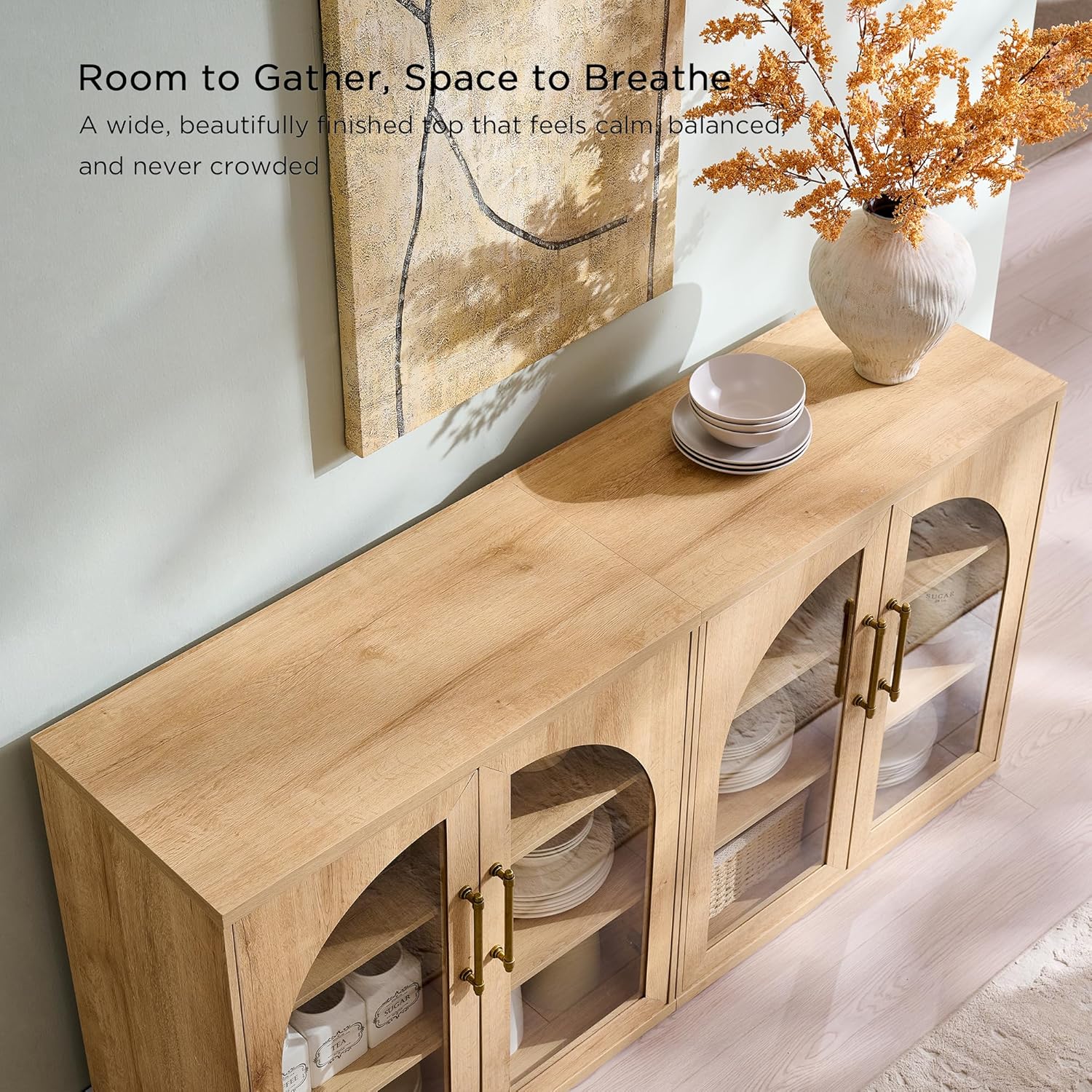 ACCOHOHO Glass Arched Door Sideboard Buffet Cabinet Set of 2, Accent Cabinet with Adjustable Shelf, Wood Modular Credenza Storage Cabinet for Dining Room, Living Room, Entryway, Natural Oak