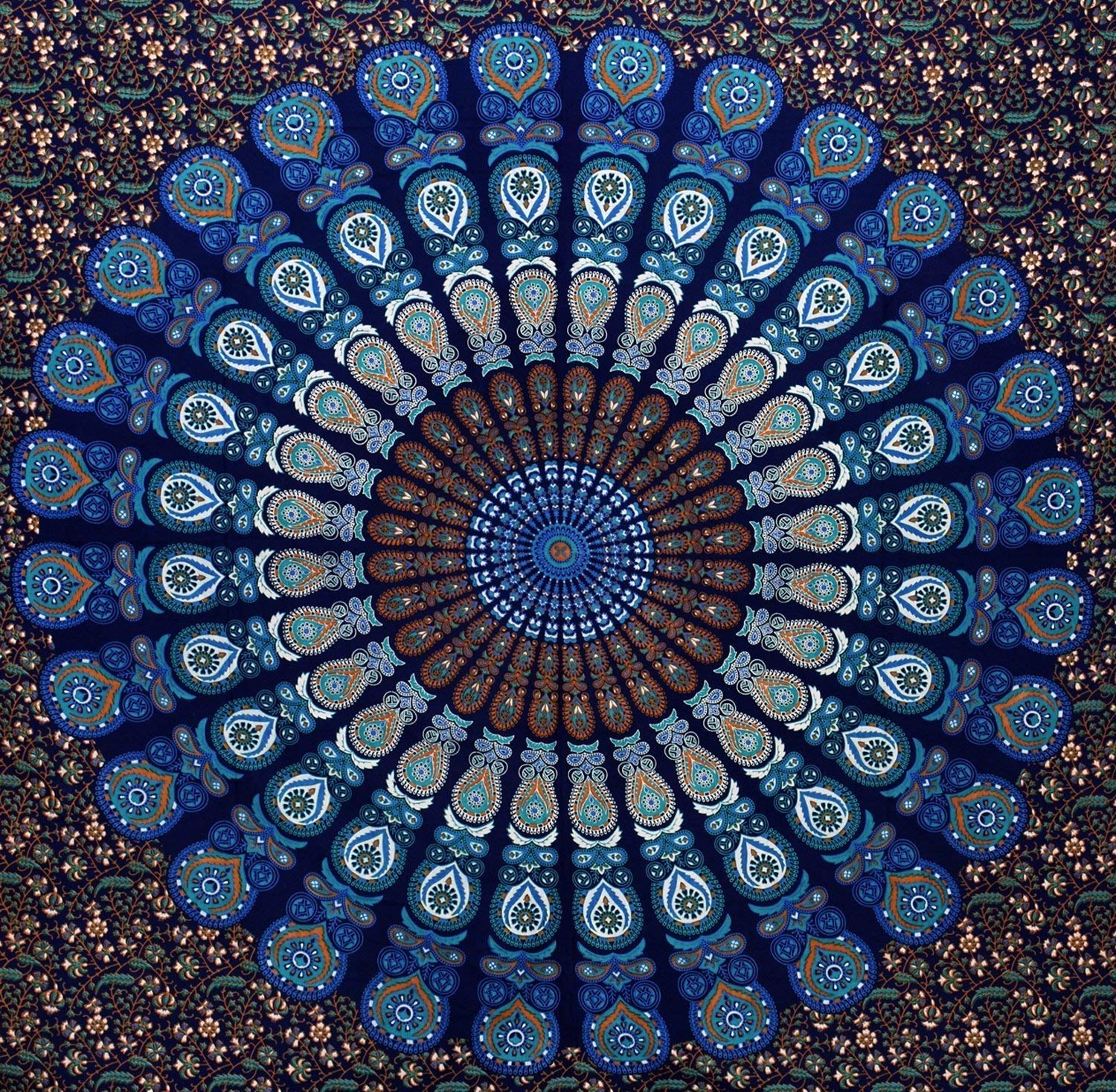 Bless International Handmade Indian hippie Bohemian Psychedelic Peacock Mandala Wall hanging College Dorm Beach Throws Table Cloth Bedding Tapestry (Blue Green, Queen(84x90Inches)(215x230Cms))