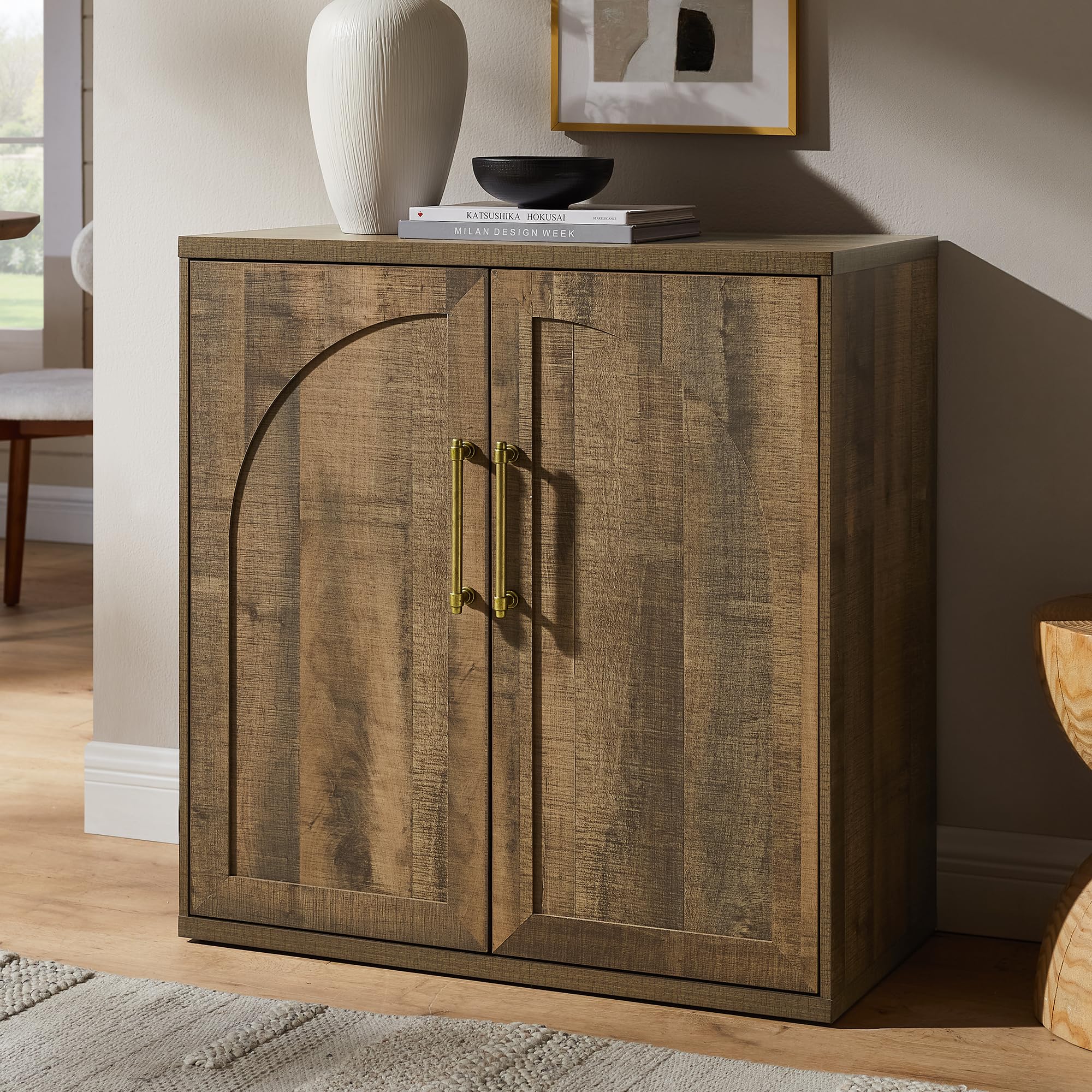 ACCOHOHO Glass Arched Door Sideboard Buffet Cabinet Set of 2, Accent Cabinet with Adjustable Shelf, Wood Modular Credenza Storage Cabinet for Dining Room, Living Room, Entryway, Natural Oak