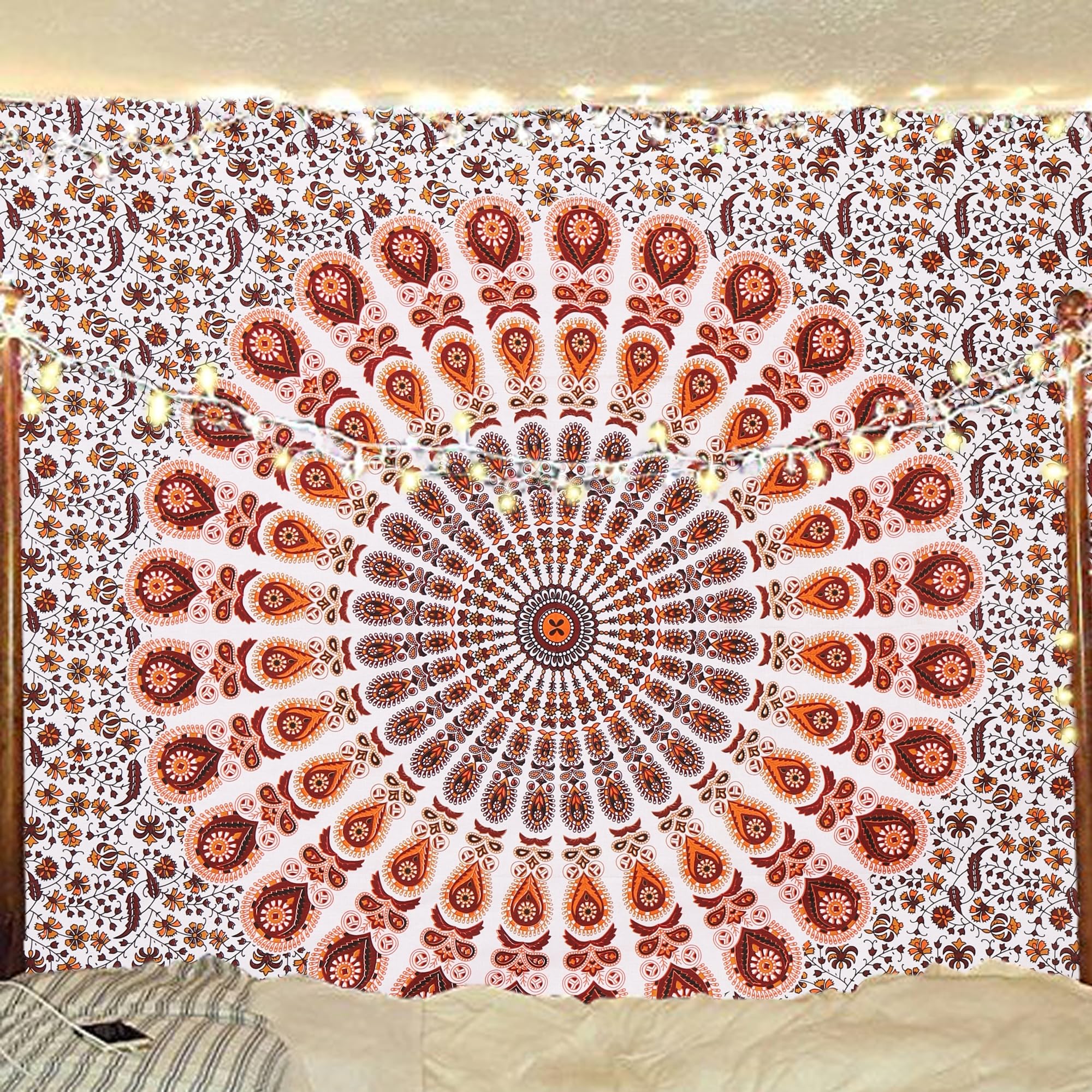 Bless International Handmade Indian hippie Bohemian Psychedelic Peacock Mandala Wall hanging College Dorm Beach Throws Table Cloth Bedding Tapestry (Blue Green, Queen(84x90Inches)(215x230Cms))