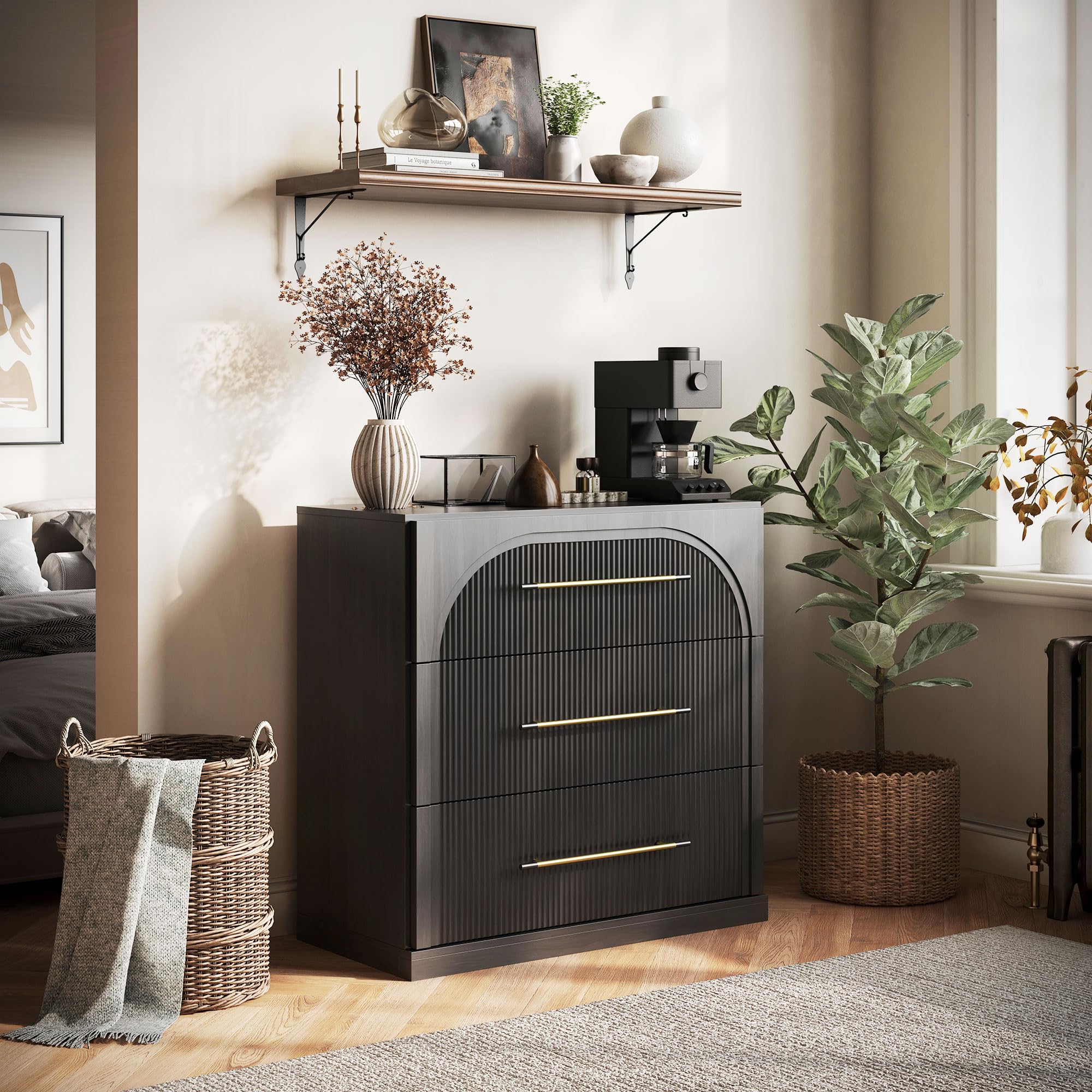 BELLEZE 65" Arched Sideboard with Glass Door, Accent Buffet Cabinet with Storage and Adjustable Shelves, Classic Modern Large Console Table for Dining Room Living Room Entryway (Ebony)