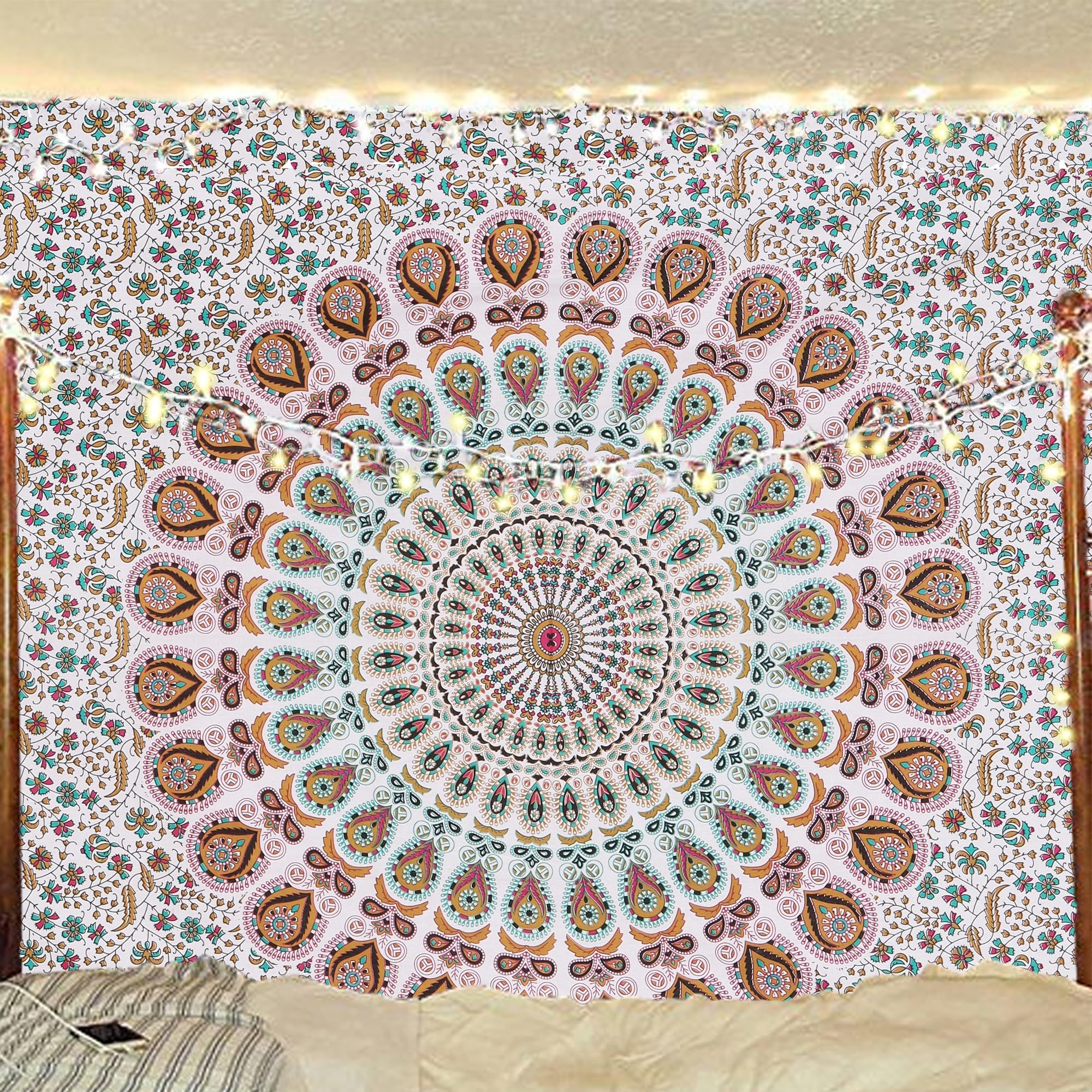 Bless International Handmade Indian hippie Bohemian Psychedelic Peacock Mandala Wall hanging College Dorm Beach Throws Table Cloth Bedding Tapestry (Blue Green, Queen(84x90Inches)(215x230Cms))