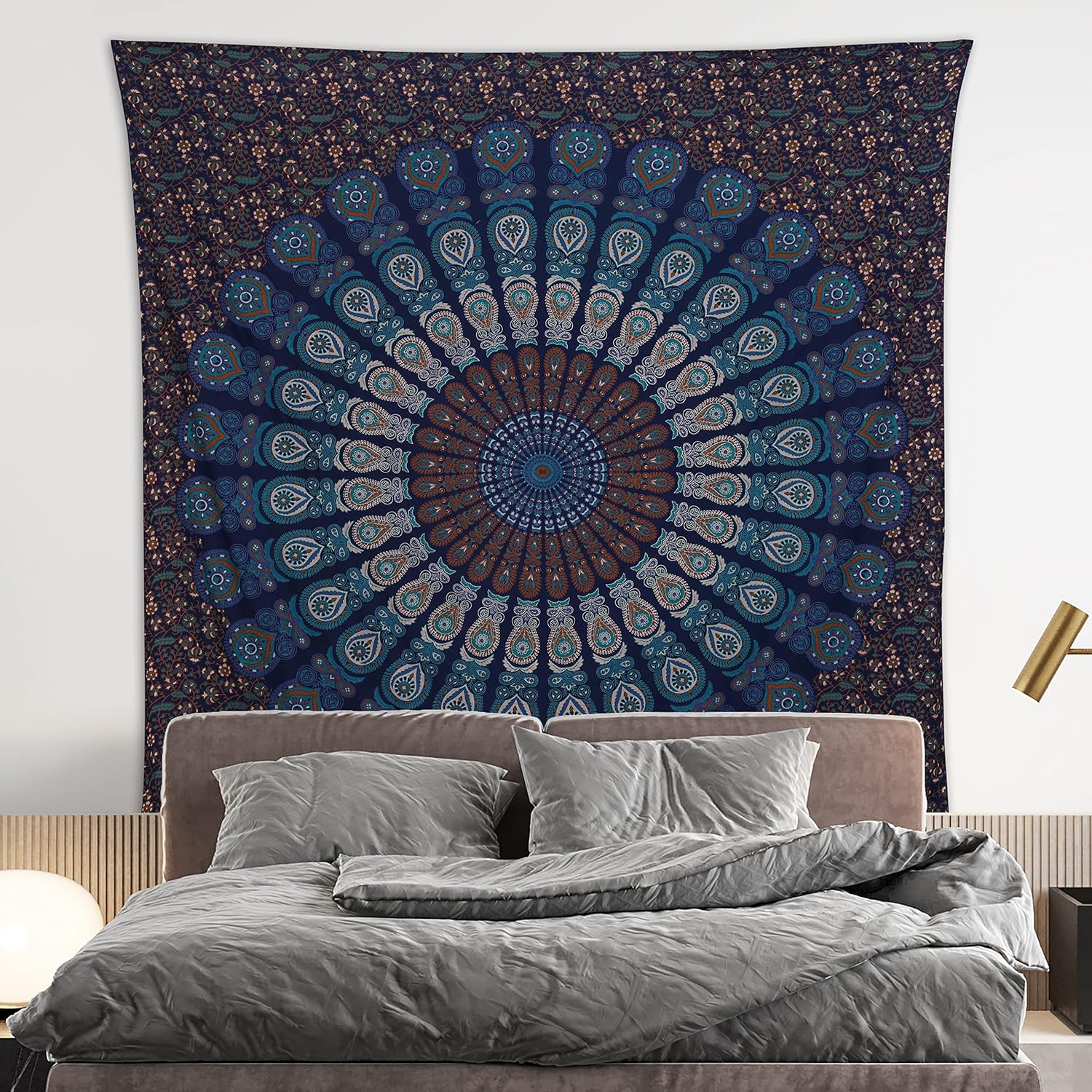 Bless International Handmade Indian hippie Bohemian Psychedelic Peacock Mandala Wall hanging College Dorm Beach Throws Table Cloth Bedding Tapestry (Blue Green, Queen(84x90Inches)(215x230Cms))