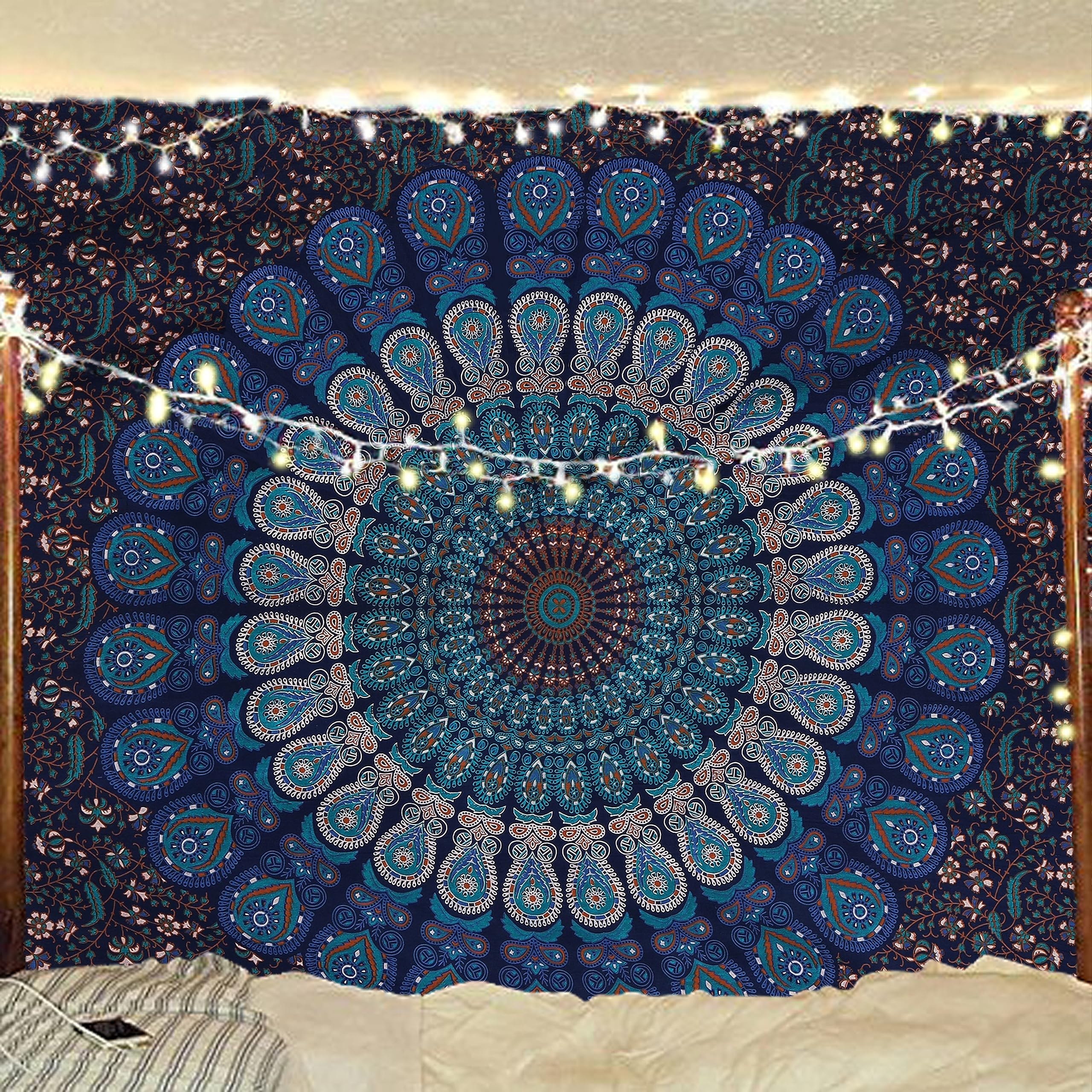 Bless International Handmade Indian hippie Bohemian Psychedelic Peacock Mandala Wall hanging College Dorm Beach Throws Table Cloth Bedding Tapestry (Blue Green, Queen(84x90Inches)(215x230Cms))