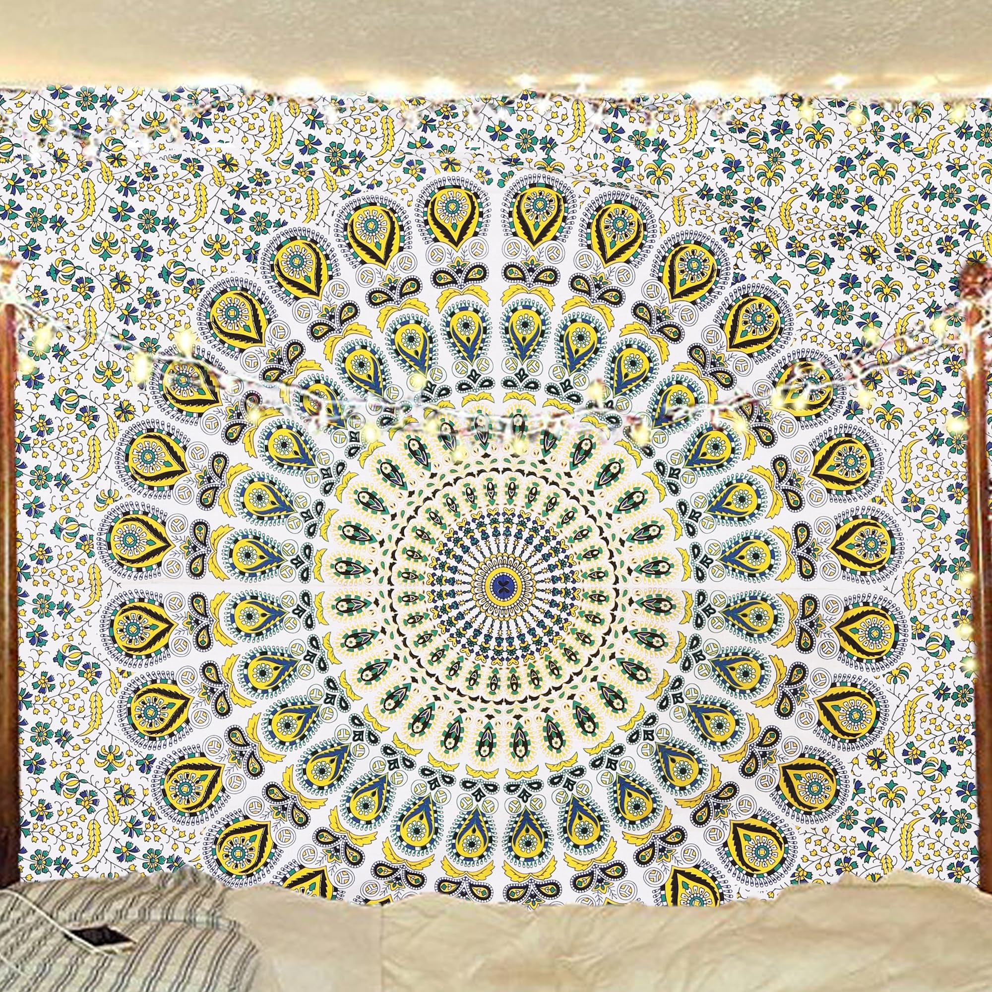 Bless International Handmade Indian hippie Bohemian Psychedelic Peacock Mandala Wall hanging College Dorm Beach Throws Table Cloth Bedding Tapestry (Blue Green, Queen(84x90Inches)(215x230Cms))