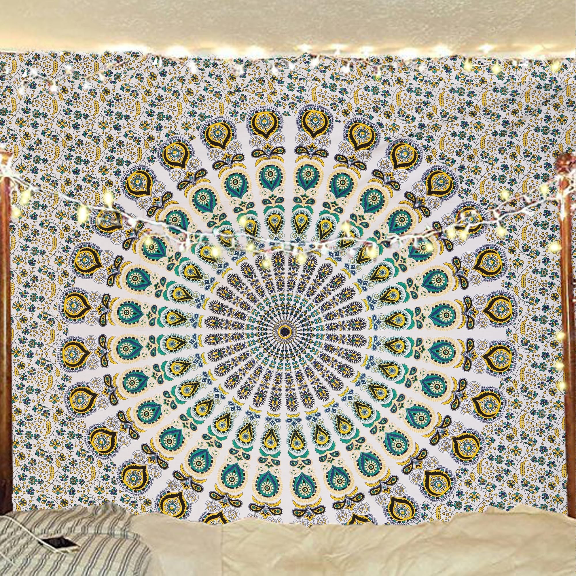 Bless International Handmade Indian hippie Bohemian Psychedelic Peacock Mandala Wall hanging College Dorm Beach Throws Table Cloth Bedding Tapestry (Blue Green, Queen(84x90Inches)(215x230Cms))