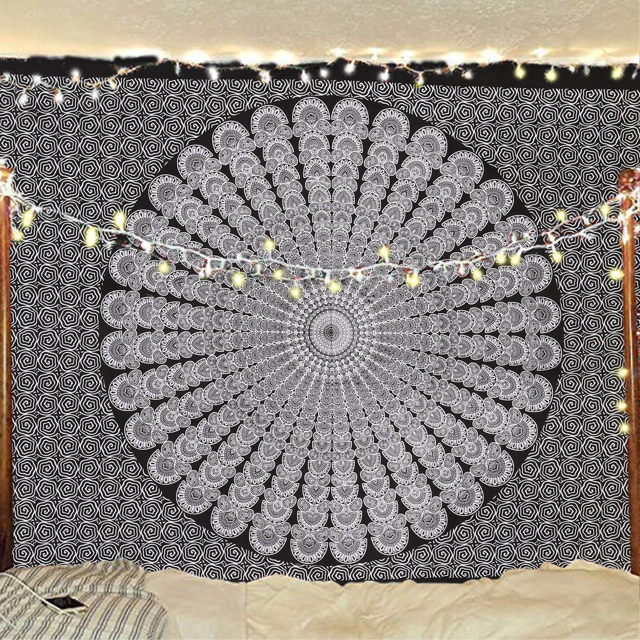 Bless International Handmade Indian hippie Bohemian Psychedelic Peacock Mandala Wall hanging College Dorm Beach Throws Table Cloth Bedding Tapestry (Blue Green, Queen(84x90Inches)(215x230Cms))