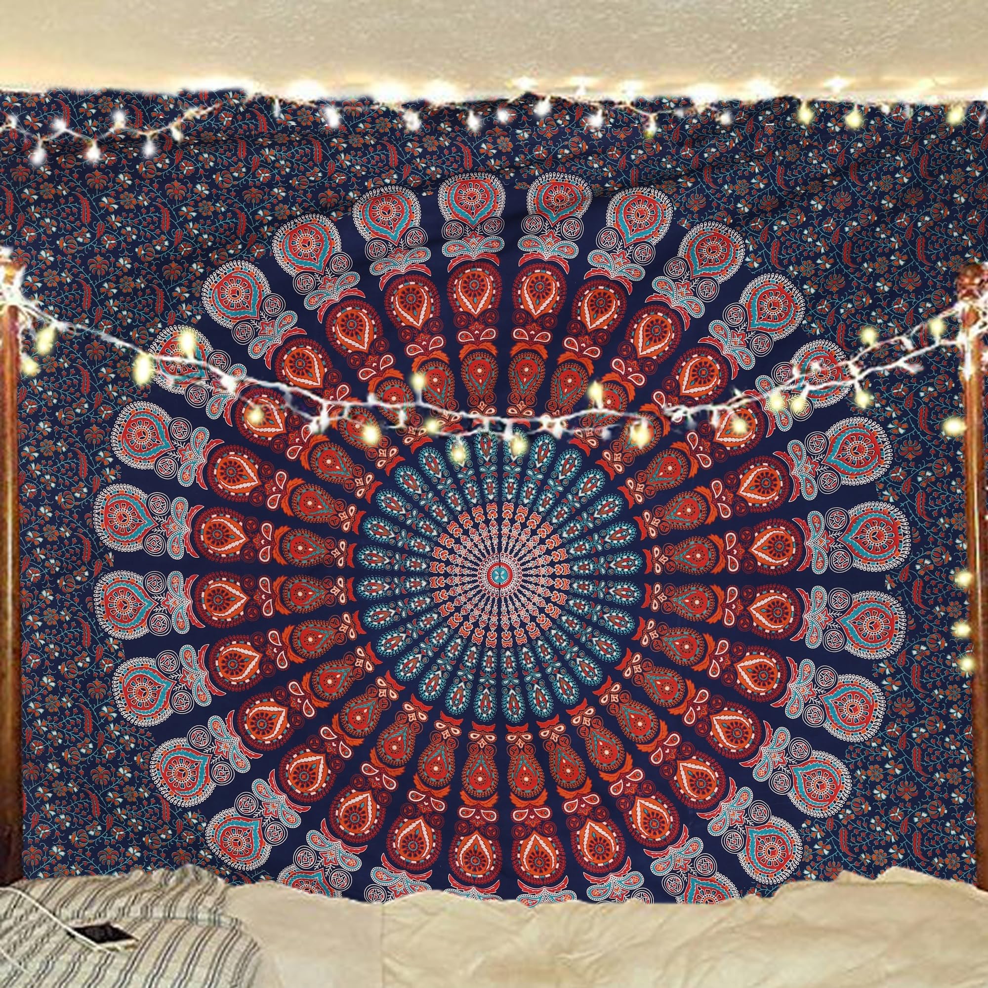 Bless International Handmade Indian hippie Bohemian Psychedelic Peacock Mandala Wall hanging College Dorm Beach Throws Table Cloth Bedding Tapestry (Blue Green, Queen(84x90Inches)(215x230Cms))