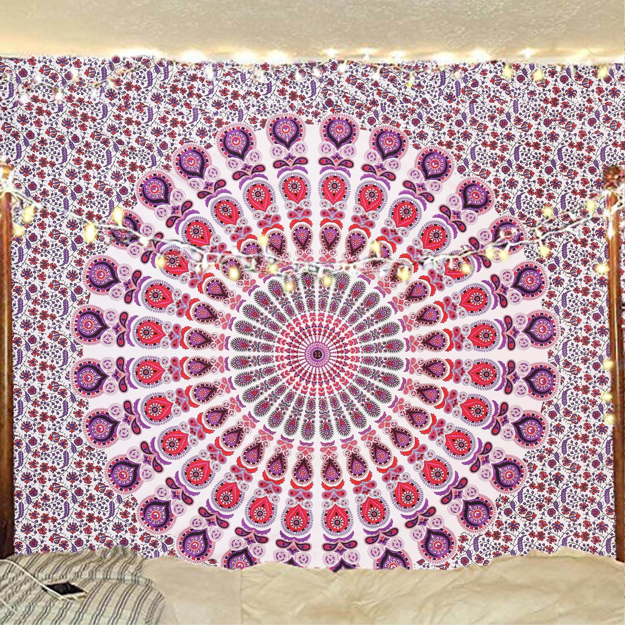 Bless International Handmade Indian hippie Bohemian Psychedelic Peacock Mandala Wall hanging College Dorm Beach Throws Table Cloth Bedding Tapestry (Blue Green, Queen(84x90Inches)(215x230Cms))